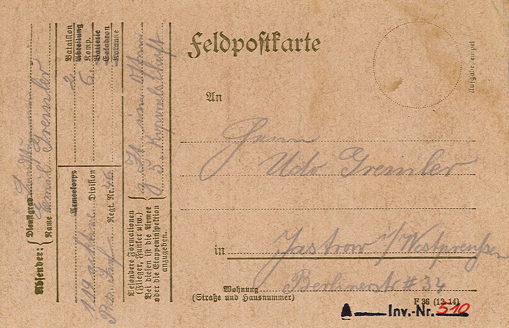 Feldpostkarte von Emil Gremler an Udo Gremler vom 19. Juli 1915 (Museum Wolmirstedt RR-F)
