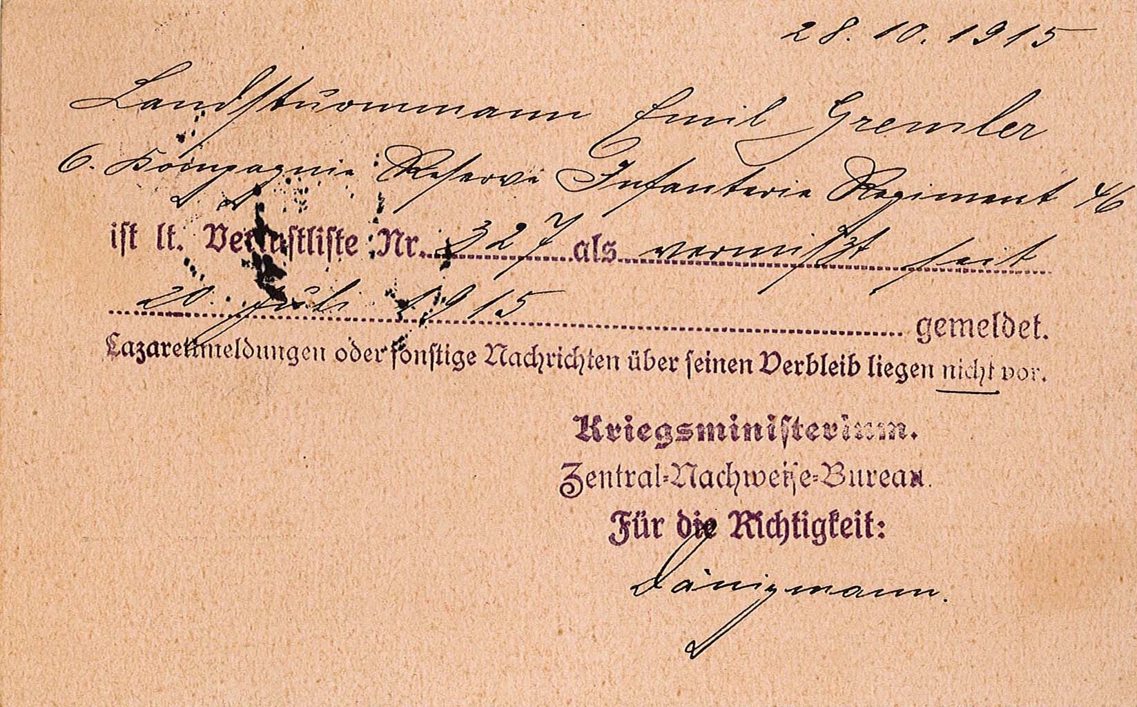 Vermisstenmeldung für den Soldaten Emil Gremler (Museum Wolmirstedt RR-F)
