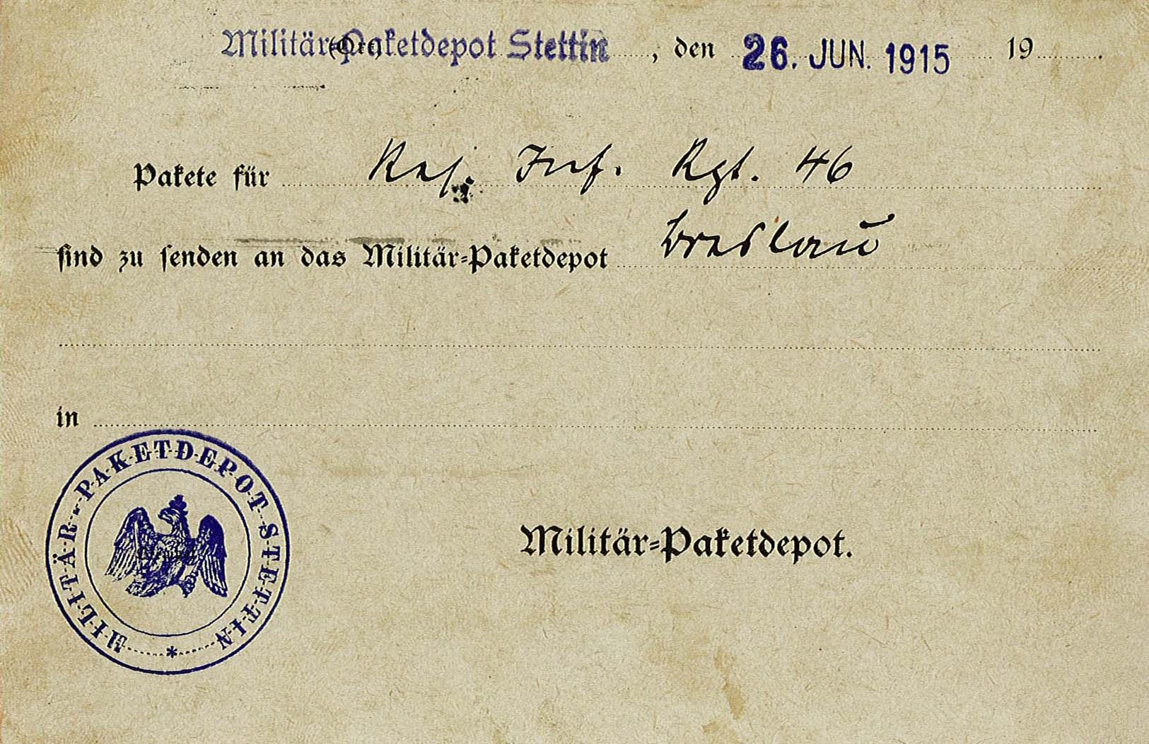 Information des Militärpaketdepots Stettin für die Versendung von Feldpakten an den Soldaten Emil Gremler (Museum Wolmirstedt RR-F)