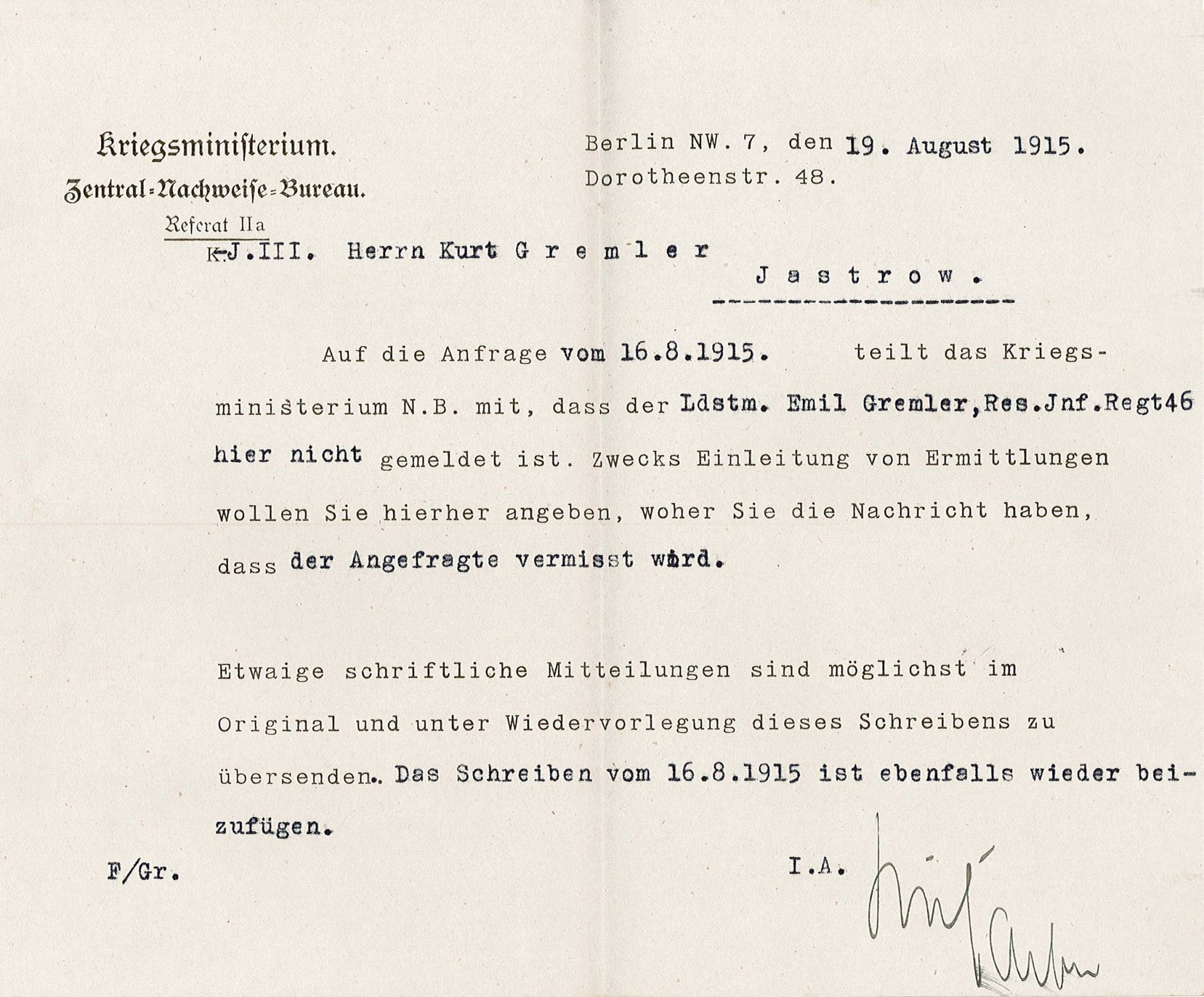 Informationsschreiben (Antwort) des Kriegsministeriums bezüglich Vermisstenmeldung von Emil Gremler an Kurt Gremler (Museum Wolmirstedt RR-F)
