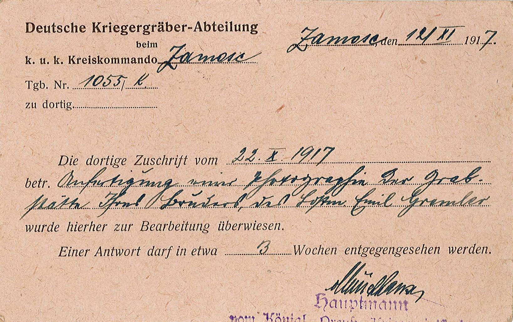 Informationsschreiben der Deutschen Kriegergräber-Abteilung des Kriegsministeriums an Kurt Gremler (Museum Wolmirstedt RR-F)