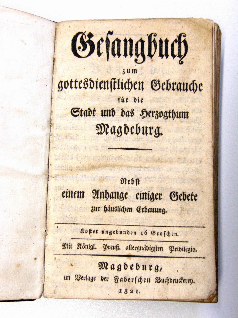Gesangbuch, Fabersche Buchdruckerey 1821 (Börde-Museum Burg Ummendorf RR-F)
