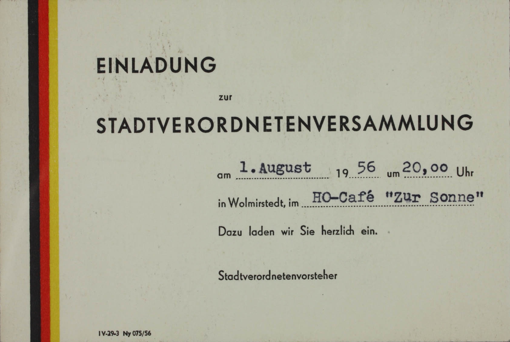 Einladung zur Stadtverordnetenversammlung (Museum Wolmirstedt RR-F)