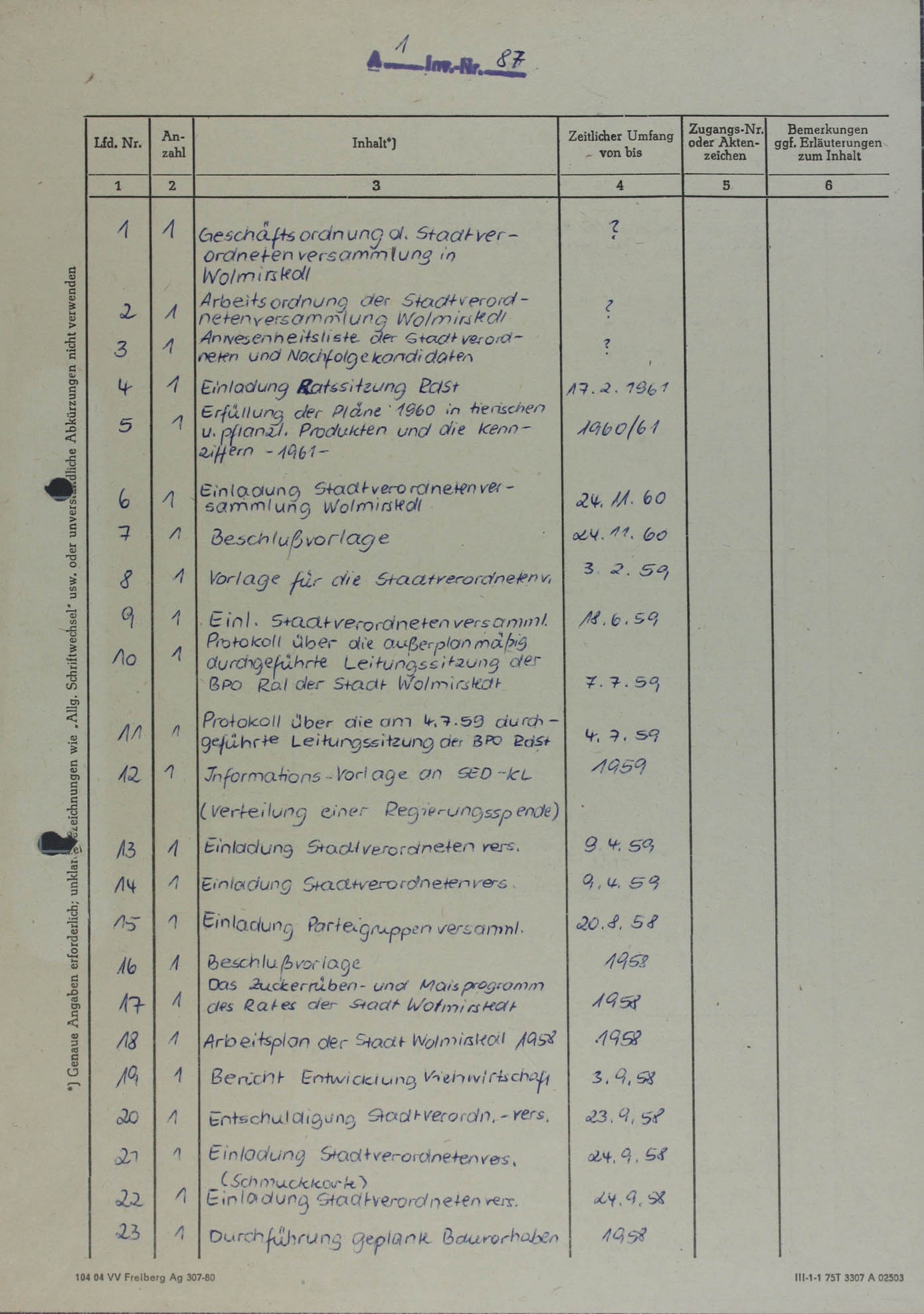 Protokolle Stadtverordnetenversammlung von 1956-1961 (Museum Wolmirstedt RR-F)