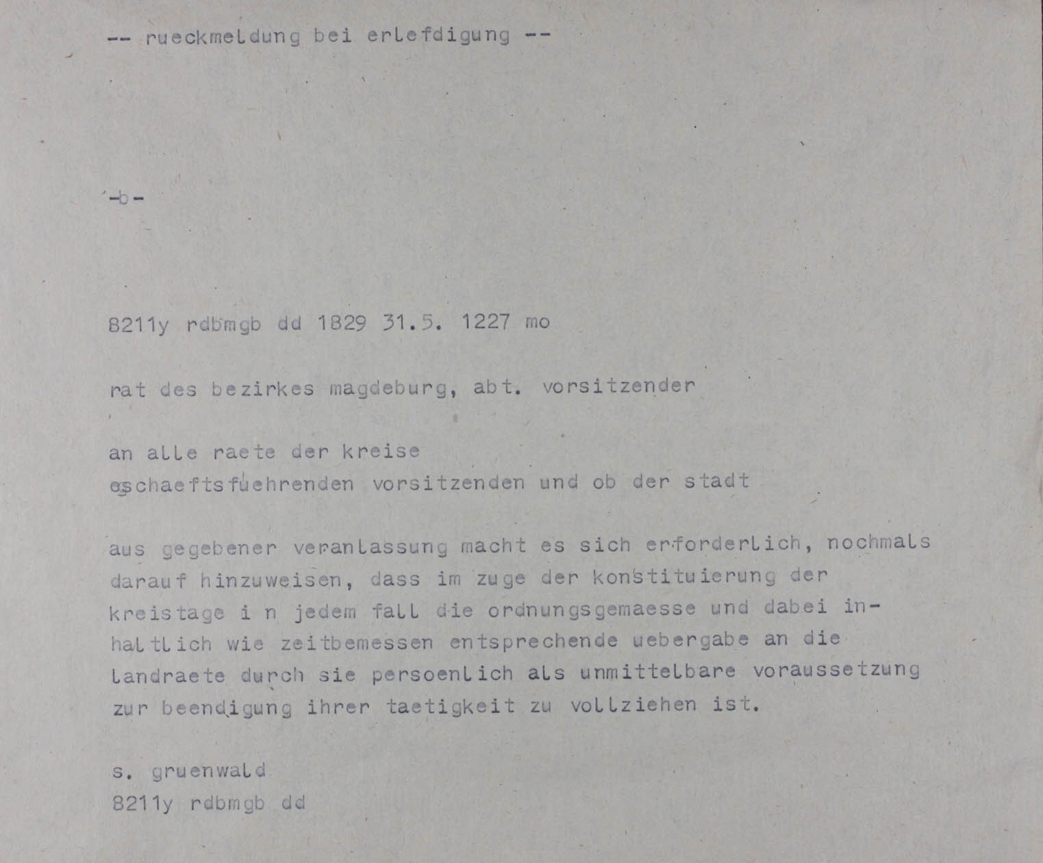Fernschreiben an alle Räte des Kreises, 1990 (Museum Wolmirstedt RR-F)