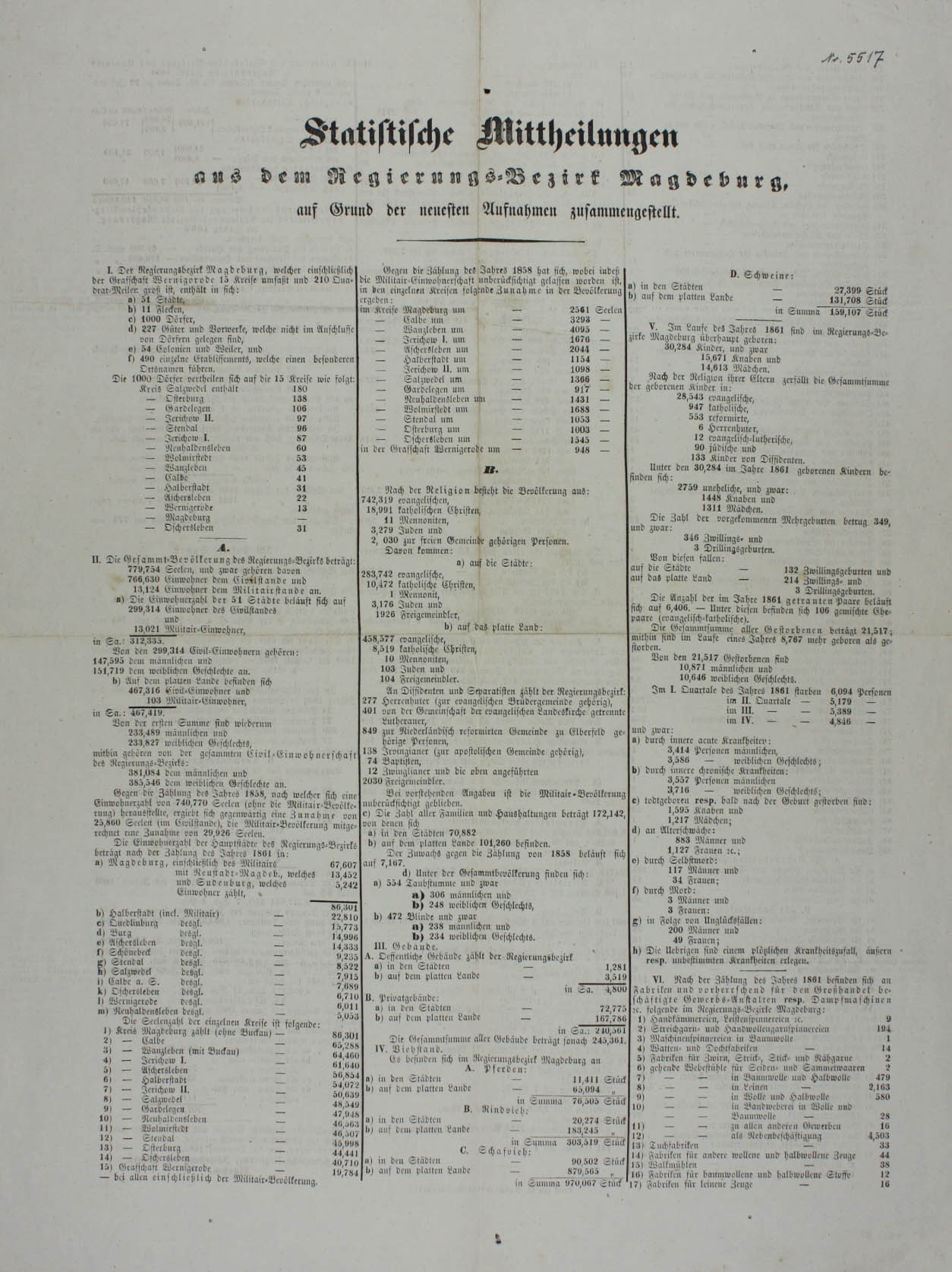 Statistische Mitteilung aus dem Regierungsbezirk Magdeburg, 1862 (Museum Wolmirstedt RR-F)