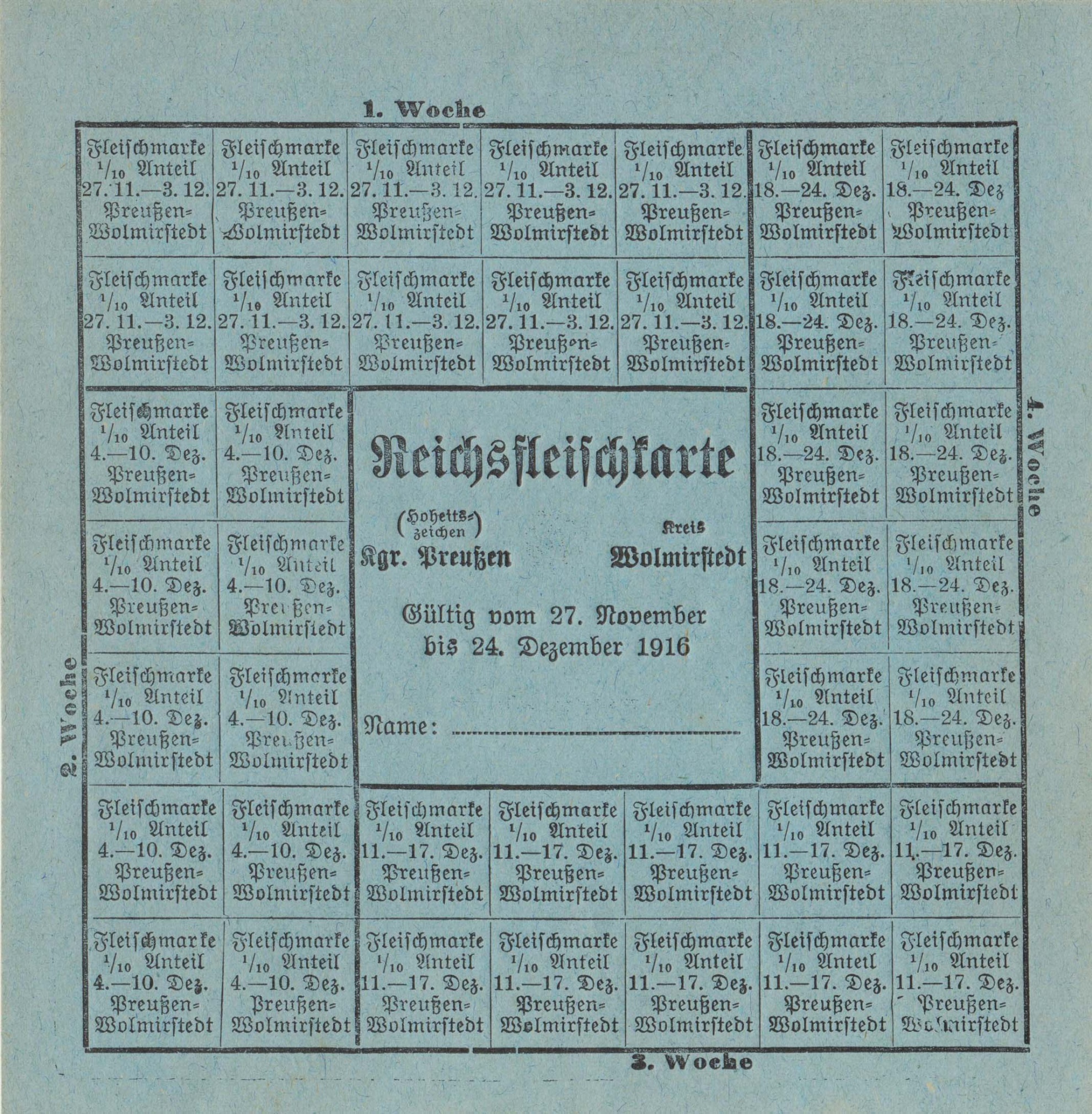Reichsfleischkarte (27. November - 24. Dezember 1916) (Museum Wolmirstedt RR-F)