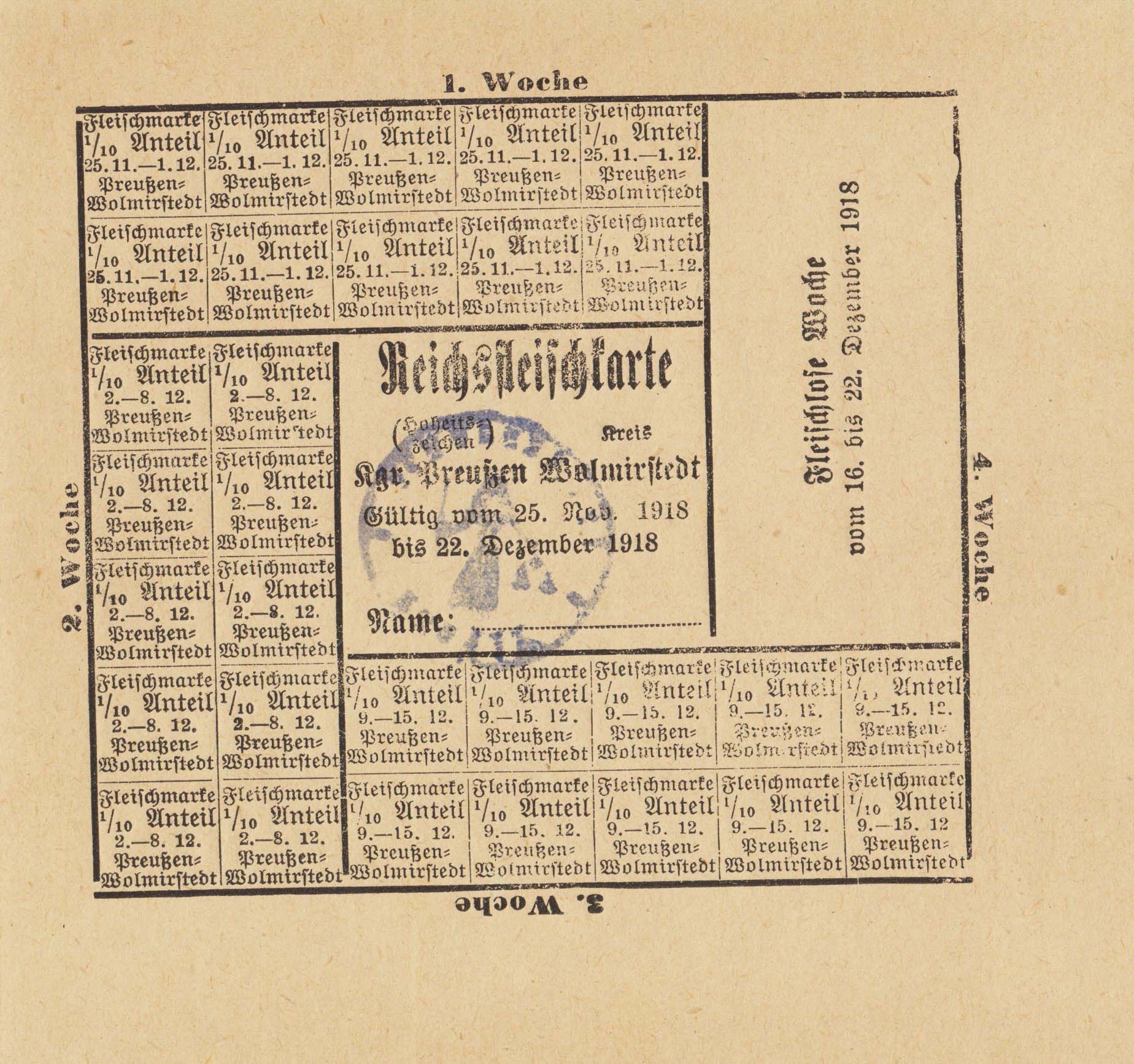 Reichsfleischkarte (25. November - 22. Dezember 1918) (Museum Wolmirstedt RR-F)