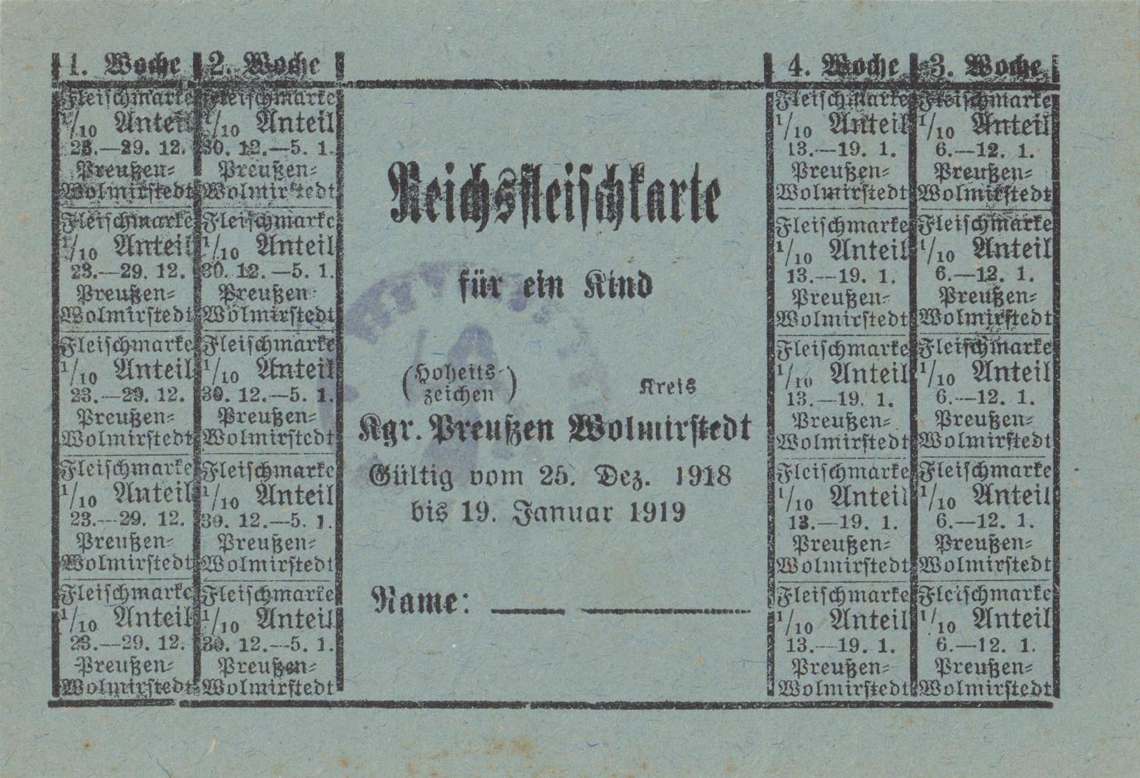 Reichsfleischkarte für ein Kind (Dezember 1918 - Januar 1919) (Museum Wolmirstedt RR-F)