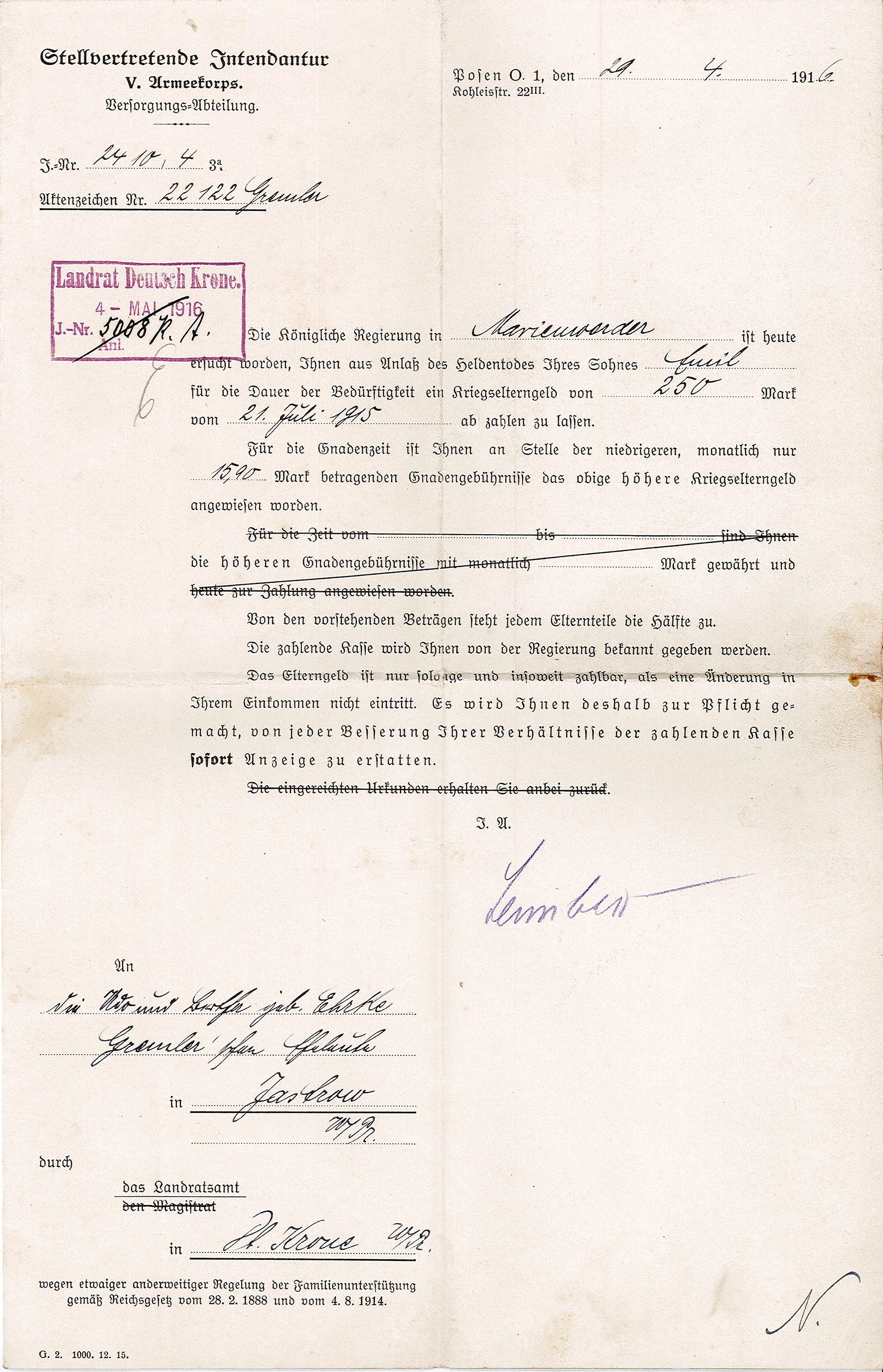 Bestätigung der Auszahlung von Kriegselterngeld an Bertha und Udo Gremler (Museum Wolmirstedt RR-F)