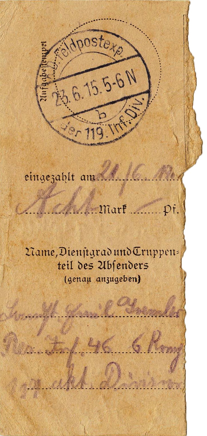 Vorderseite Einzahlungsabschnitt des Soldaten Emil Gremler vom 21./23.06.1915 (Museum Wolmirstedt RR-F)
