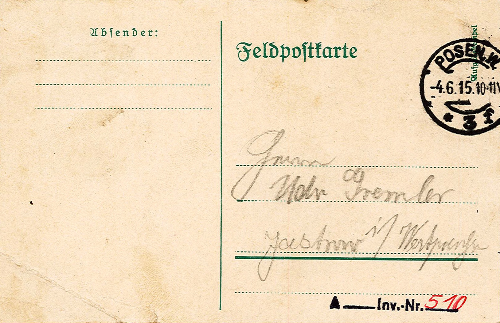 Feldpostkarte von Emil Gremler an Udo Gremler Anfang Juli 1915 (Museum Wolmirstedt RR-F)