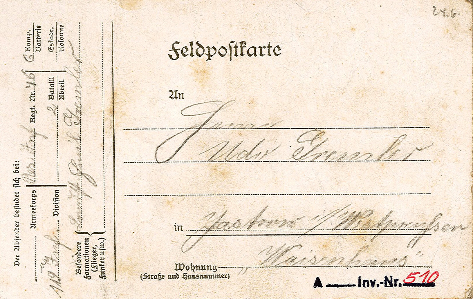 Feldpostkarte von Emil Gremler an Udo Gremler vom 10. Juni 1915 (Museum Wolmirstedt RR-F)