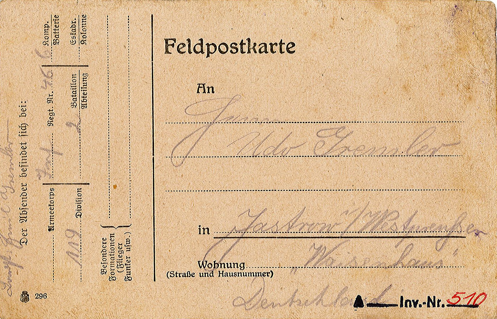 Feldpostkarte von Emil Gremler an seinen Vater Udo Gremler, 17.03.1915 (Museum Wolmirstedt RR-F)