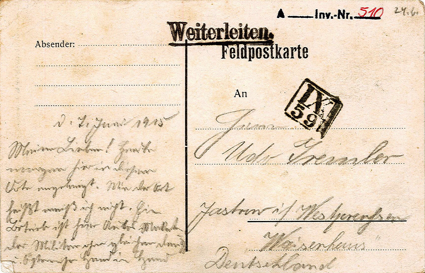 Feldpostkarte von Emil Gremler an seinen Vater Udo Gremler vom 07.06.1915 (Museum Wolmirstedt RR-F)