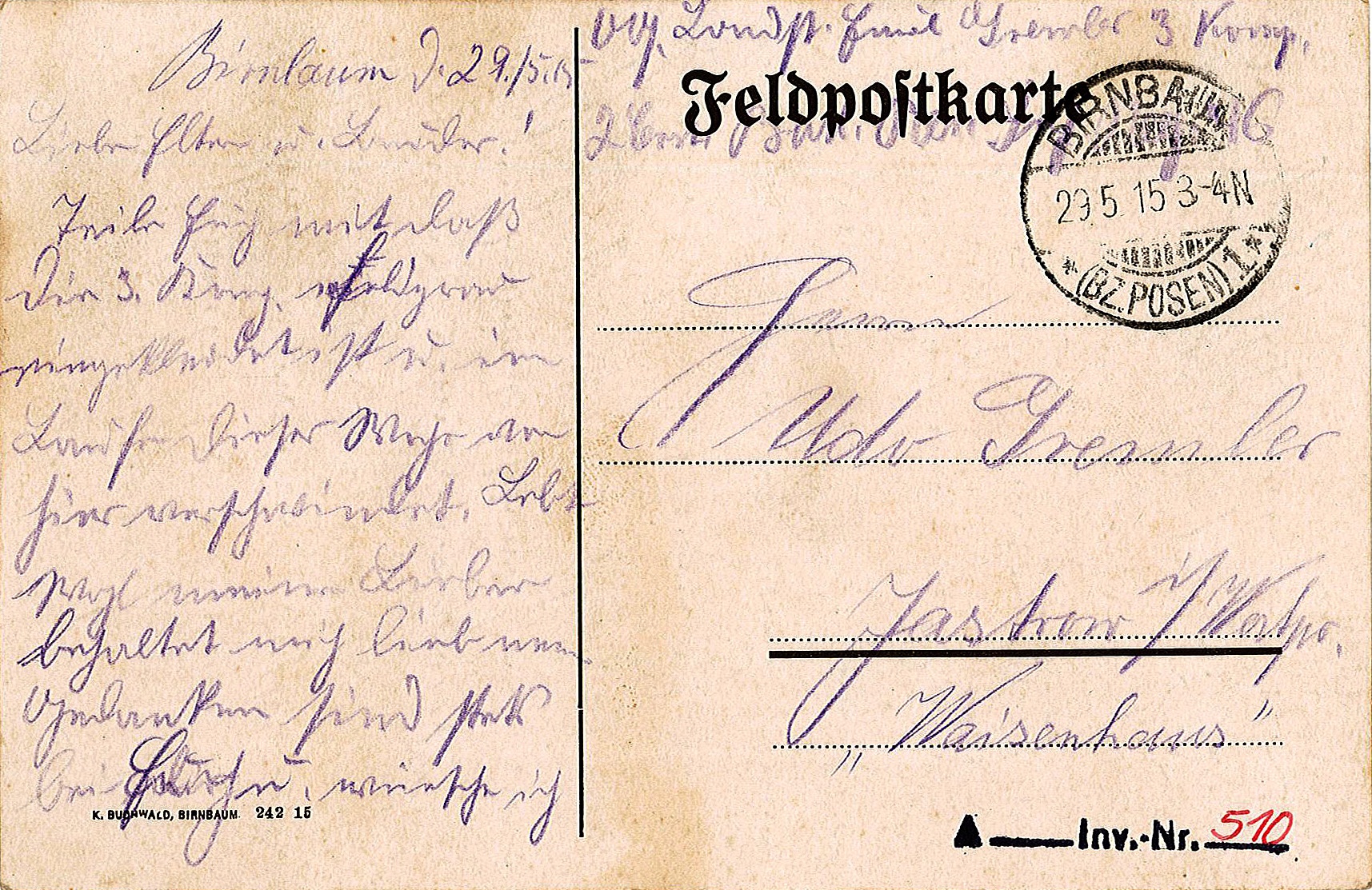 Feldpostkarte von Emil Gremler an seinen Vater Udo Gremler vom 29.05.1915 (Museum Wolmirstedt RR-F)