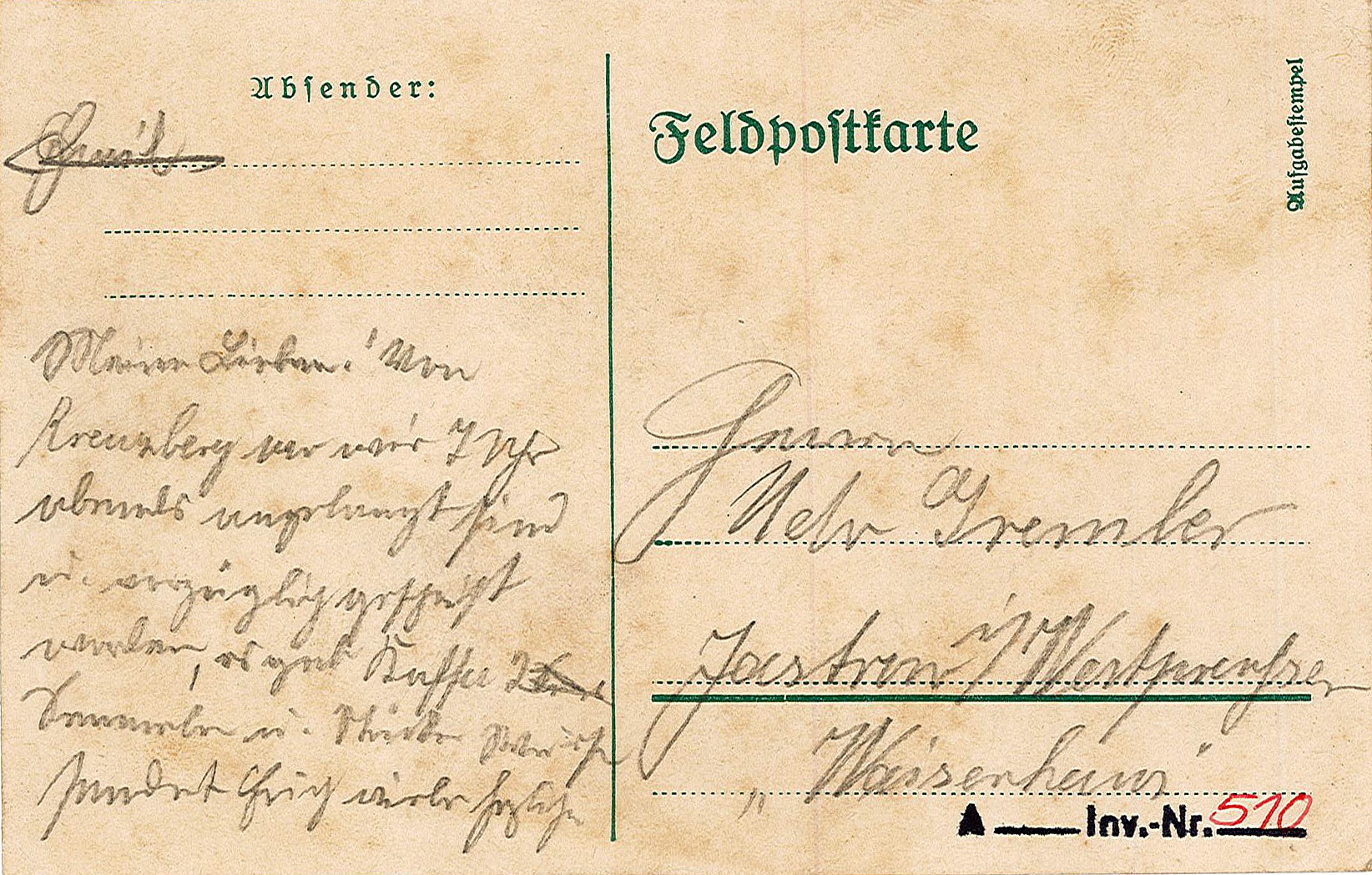 Feldpostkarte von Emil Gremler an seinen Vater Udo Gremler von Anfang 1915? (Museum Wolmirstedt RR-F)