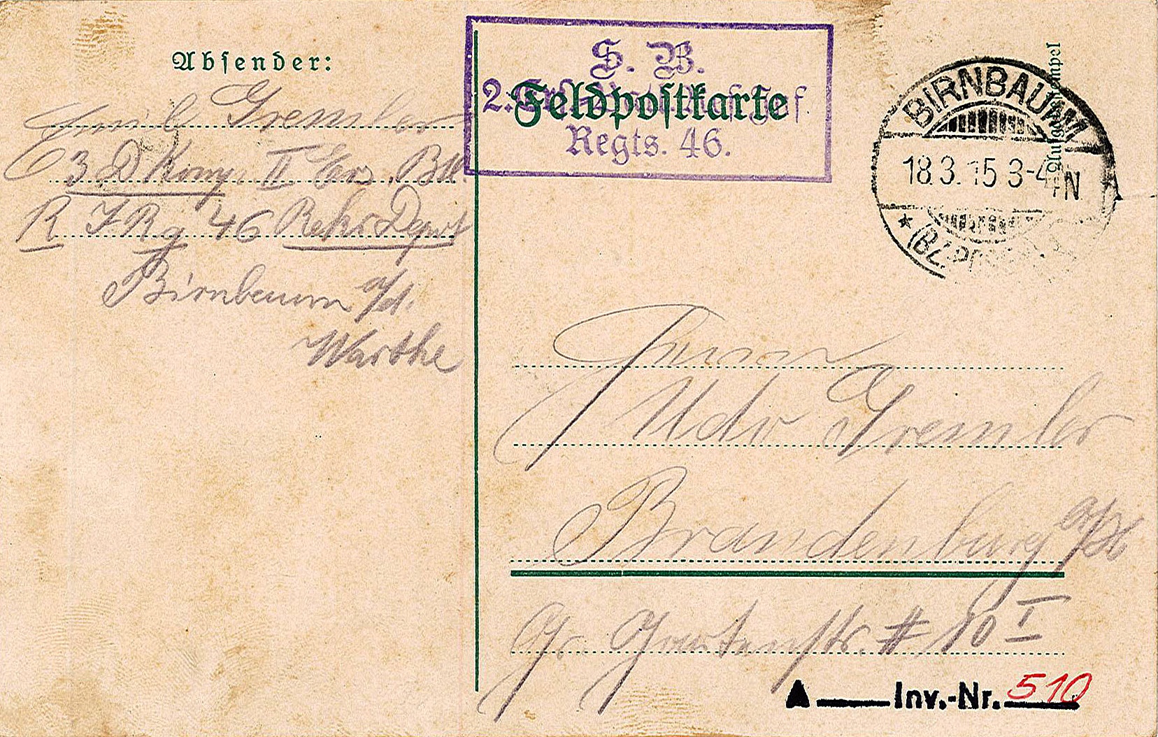 Feldpostkarte von Emil Gremler an seinen Vater Udo Gremler vom 17.03.1915 (Museum Wolmirstedt RR-F)
