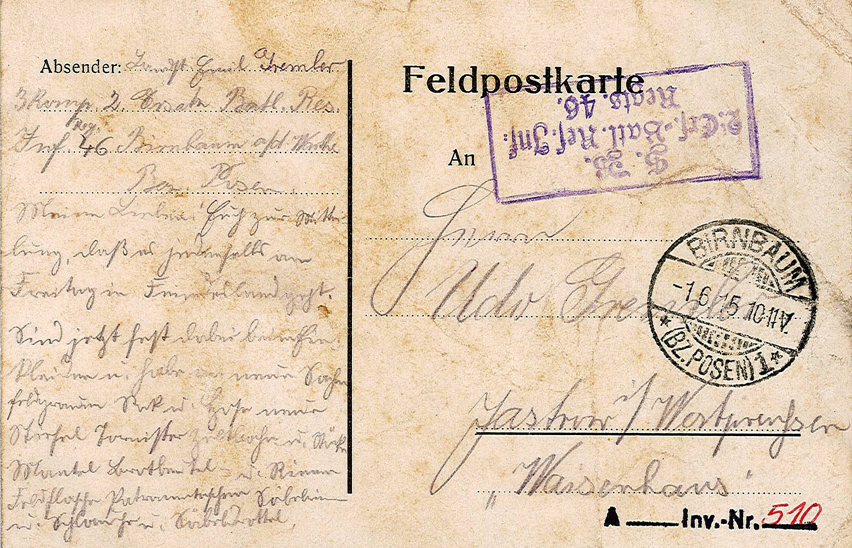 Feldpostkarte von Emil Gremler an seinen Vater Udo Gremler von Anfang Juni 1915 (Museum Wolmirstedt RR-F)