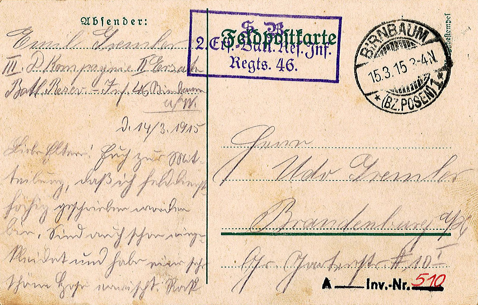 Feldpostkarte von Emil Gremler an seinen Vater Udo Gremler vom 14. März 1915 (Museum Wolmirstedt RR-F)