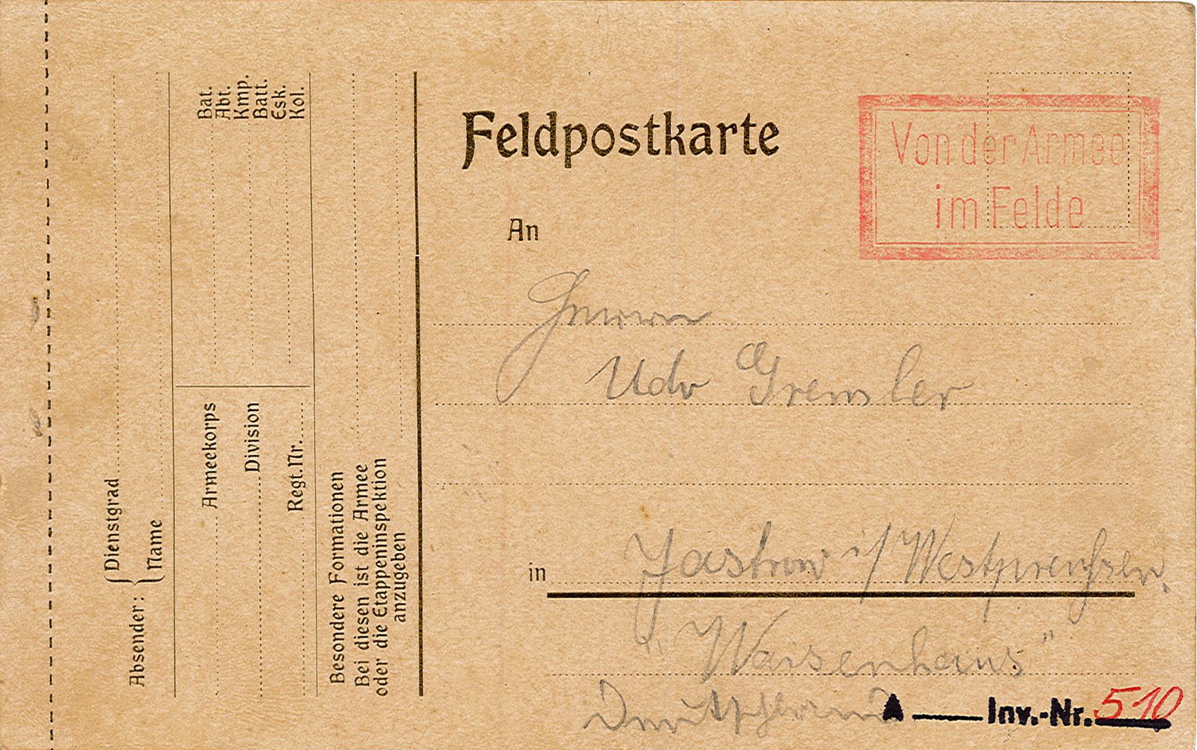Feldpostkarte von Emil Gremler an seinen Vater Udo Gremler vom 6. Juni 1915 (Museum Wolmirstedt RR-F)