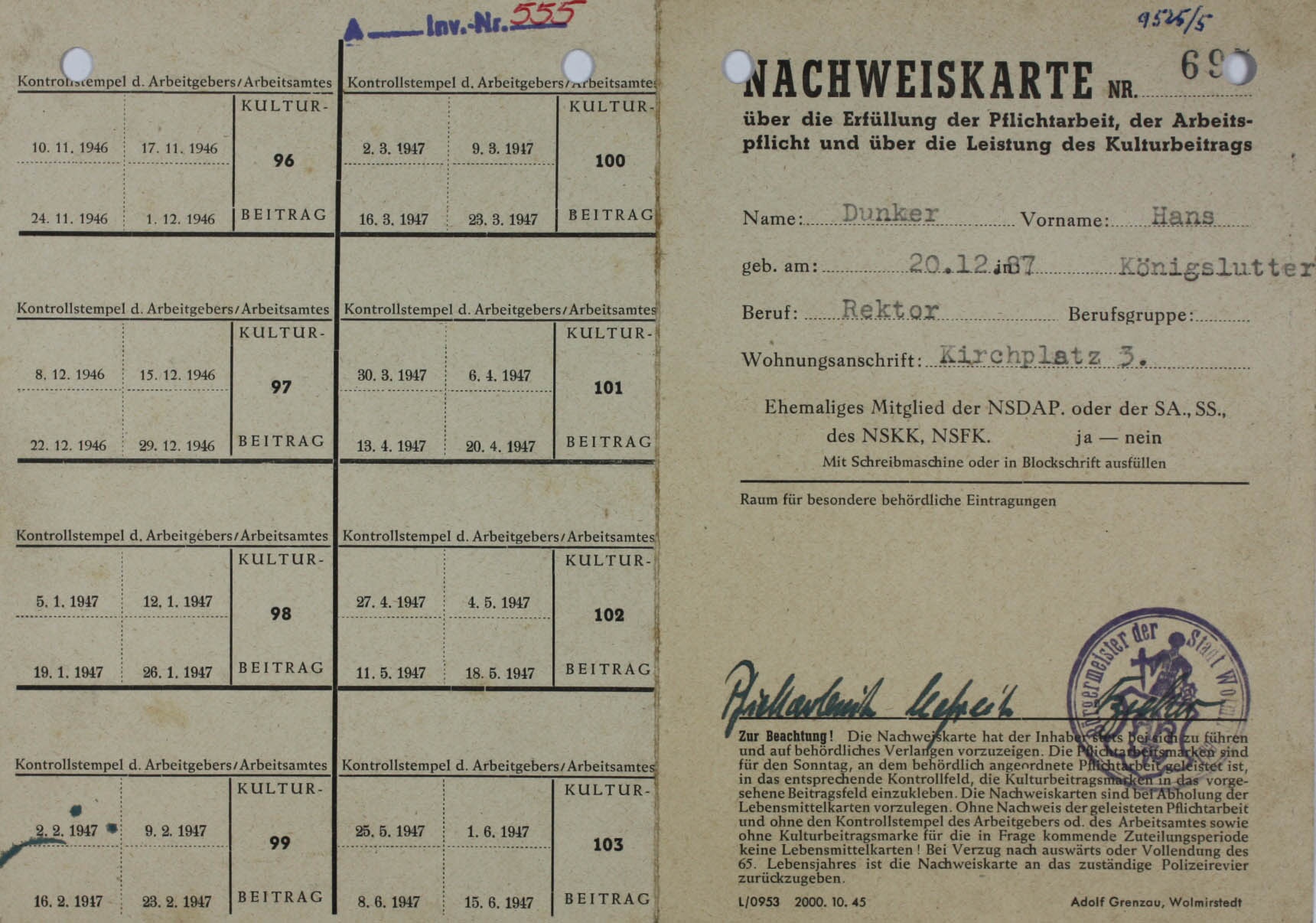 Nachweiskarte, für Hans Dunker, 1945 (Museum Wolmirstedt RR-F)