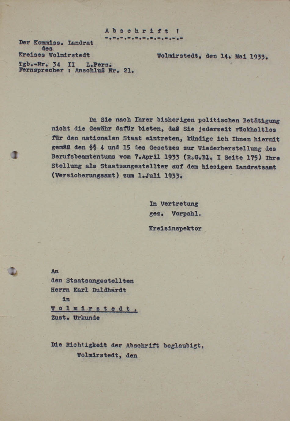 Kündigung Karl Duldhardt als Mitarbeiter des Landratsamtes Wolmirstedt durch den Komissarischen Landrat, 14. Mai 1933 (Museum Wolmirstedt RR-F)