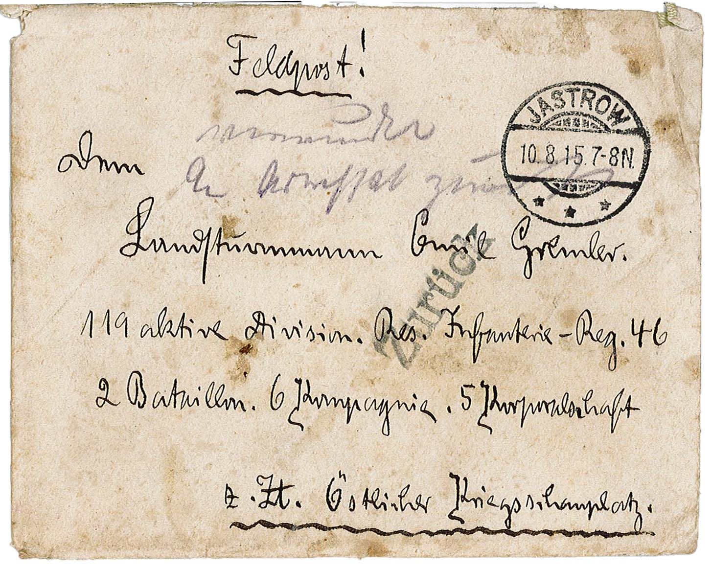 Umschlag zum Feldpostbrief von Bertha und Kurt Gremler an Sohn und Bruder Emil Gremler vom 10. August 1915 (Museum Wolmirstedt RR-F)