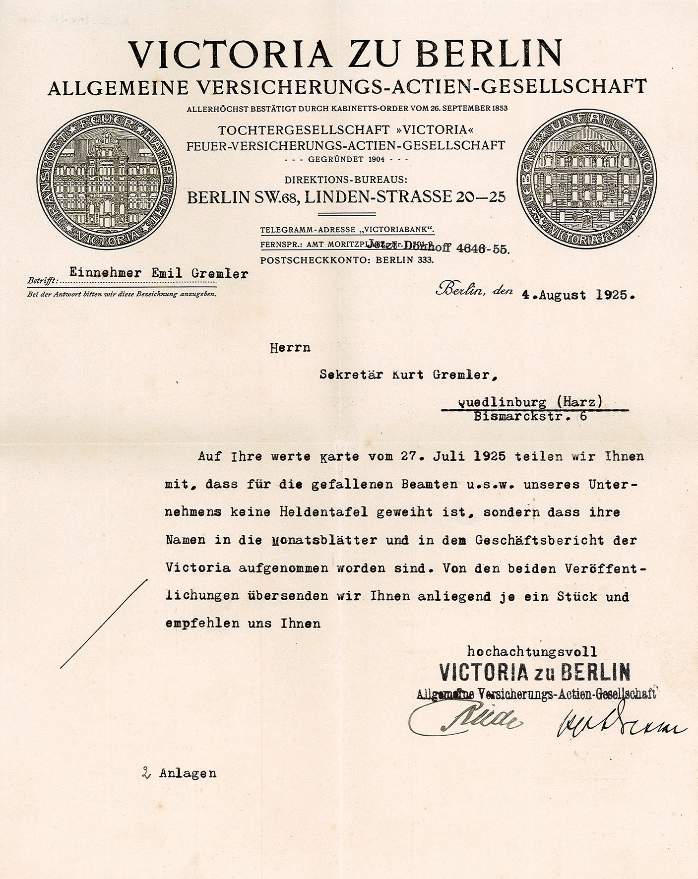 Informationsschreiben der Victoria Allgemeine Versicherungs-Actien-Gesellschaft an Kurt Gremler vom 4. August 1925 (Museum Wolmirstedt RR-F)