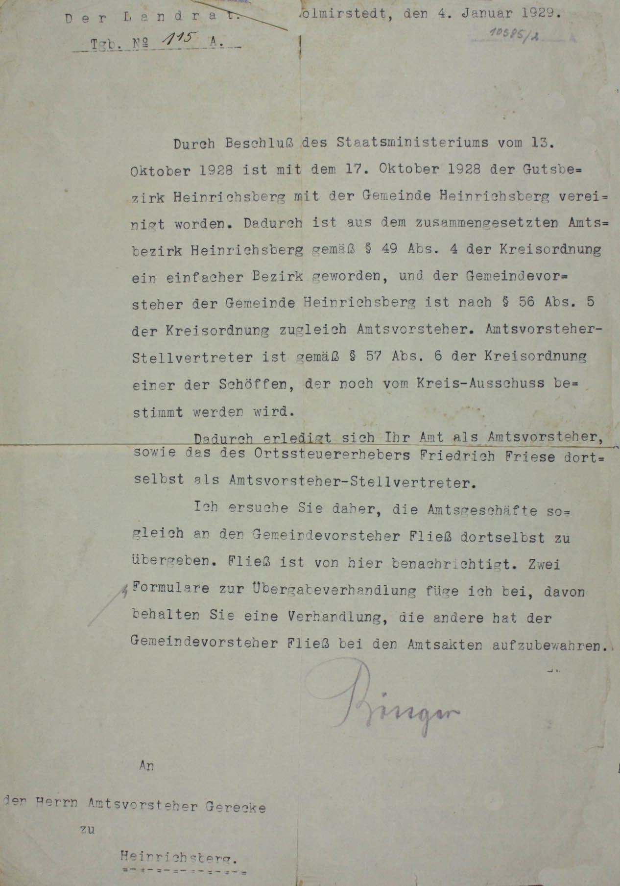 Beschluss des Staatsministeriums 1929 (Museum Wolmirstedt RR-F)