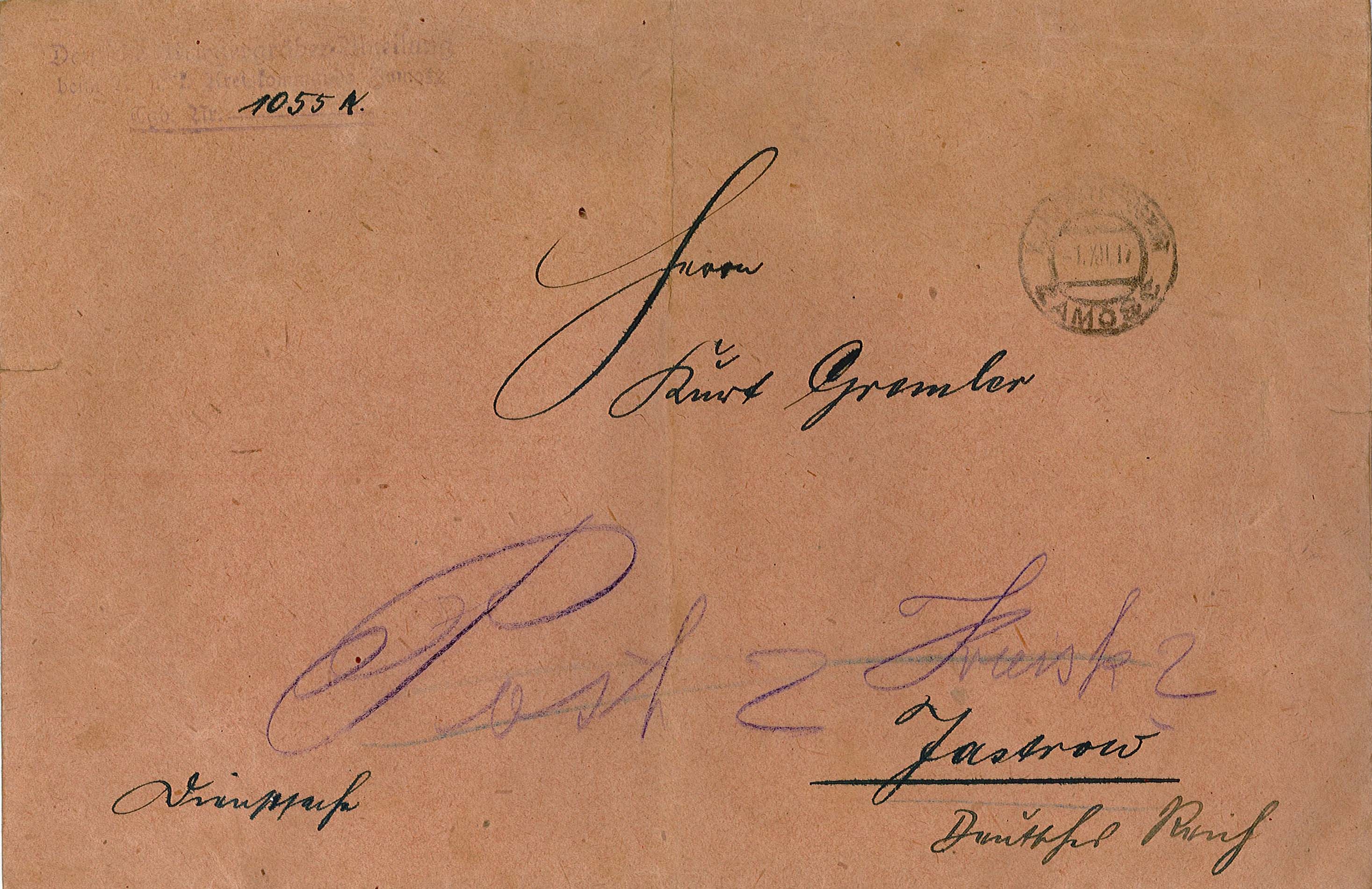 Umschlag zum Brief der Deutschen Kriegergräber-Abteilung Kreiskommando Zamosz an Kurt Gremler (Museum Wolmirstedt RR-F)