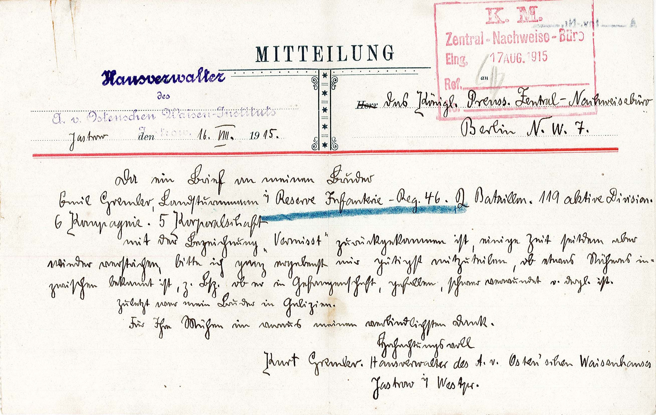 Anfrage von Kurt Gremler an das Kriegsministeriums bezüglich Vermisstenmeldung von Emil Gremler (Museum Wolmirstedt RR-F)