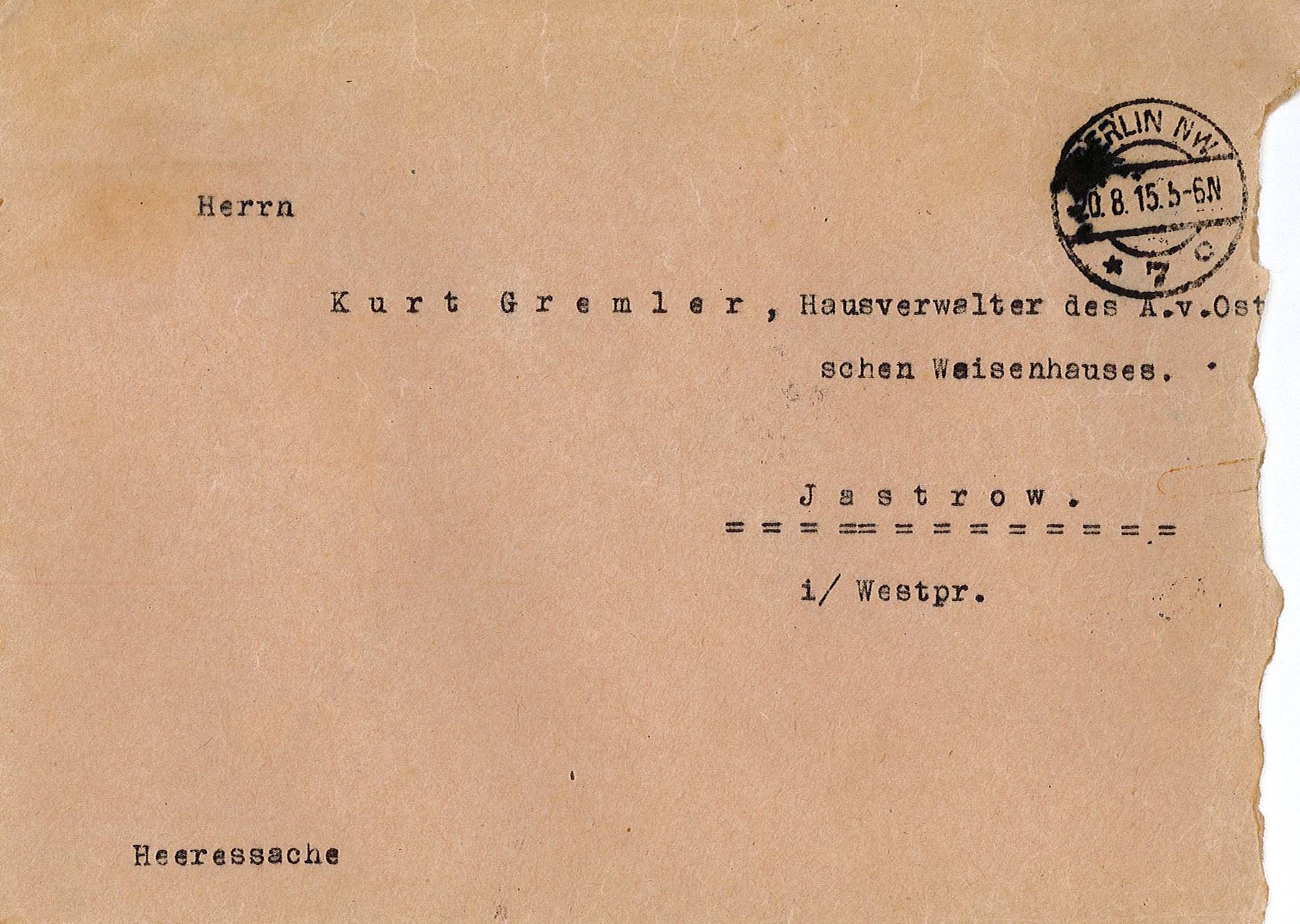 Umschlag zum Informationsschreiben des Kriegsministeriums bezüglich Vermisstenmeldung von Emil Gremler an Kurt Gremler (Museum Wolmirstedt RR-F)