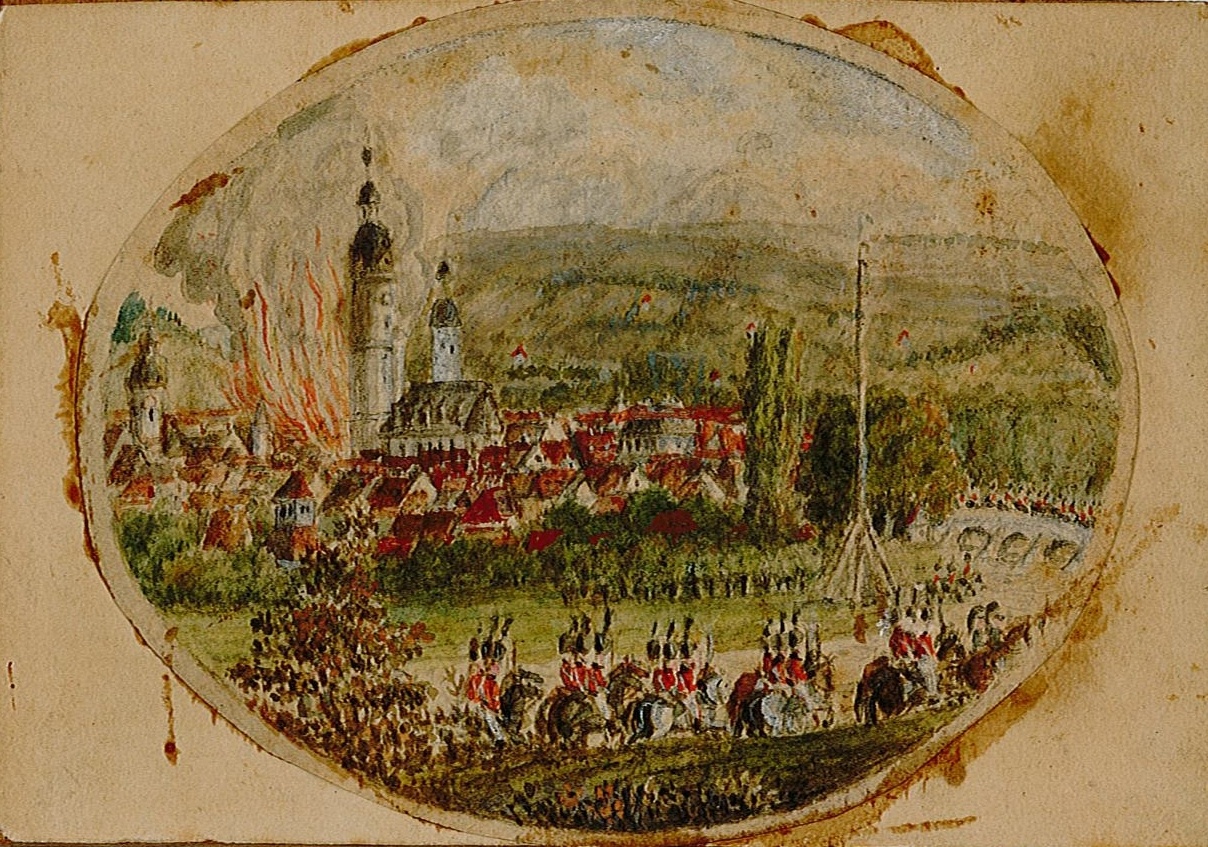 Einzug französischer Truppen in eine brennende Stadt (Museum Schloss Moritzburg Zeitz CC BY-NC-SA)