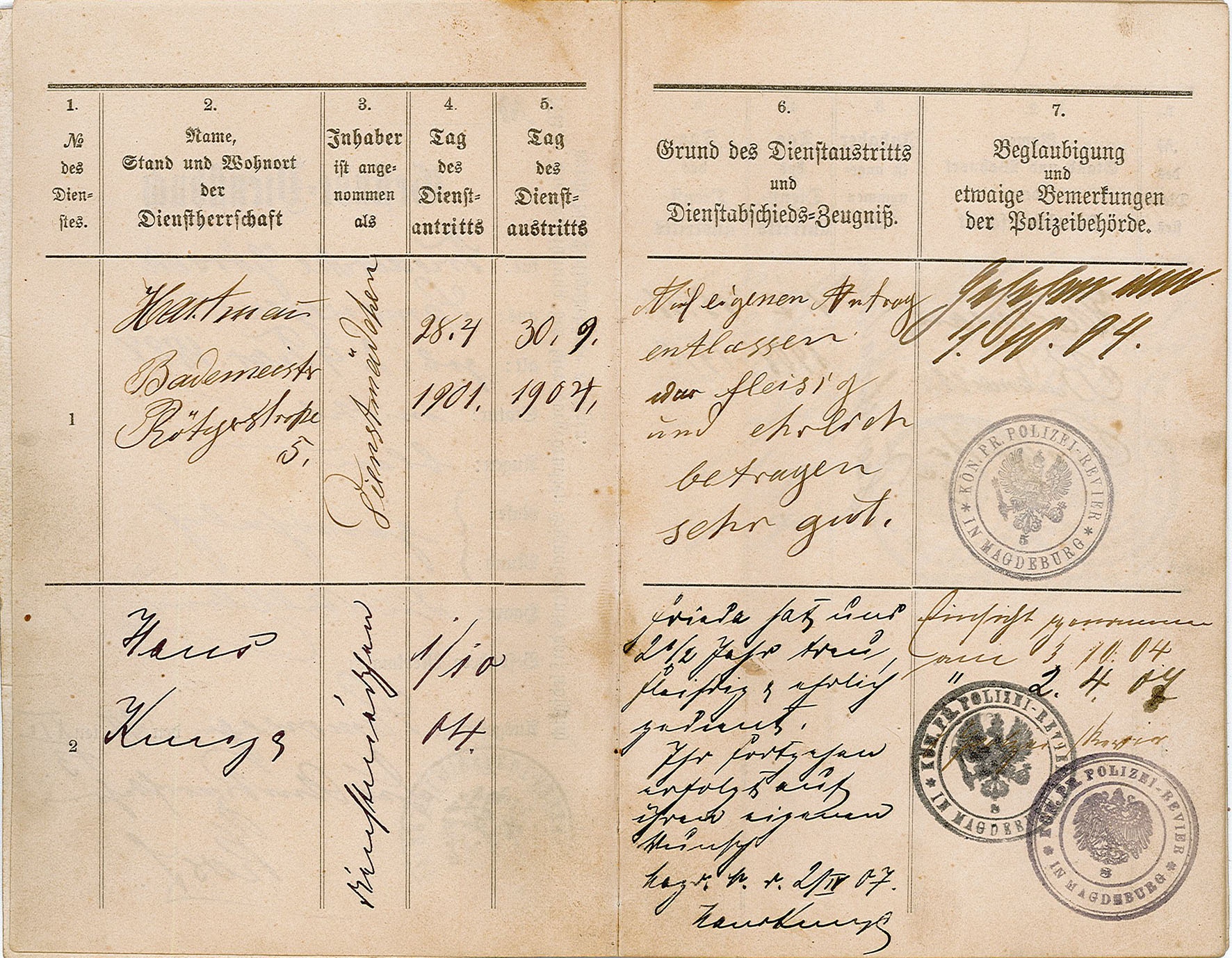 Gesinde-Dienstbuch von Friederike Görsch (Museum Wolmirstedt RR-F)
