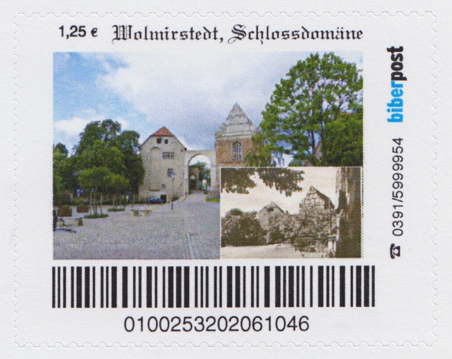 Briefmarke mit historischer und akuteller Ansicht der Schlossdomäne in Wolmirstedt, 2014 (Museum Wolmirstedt RR-F)