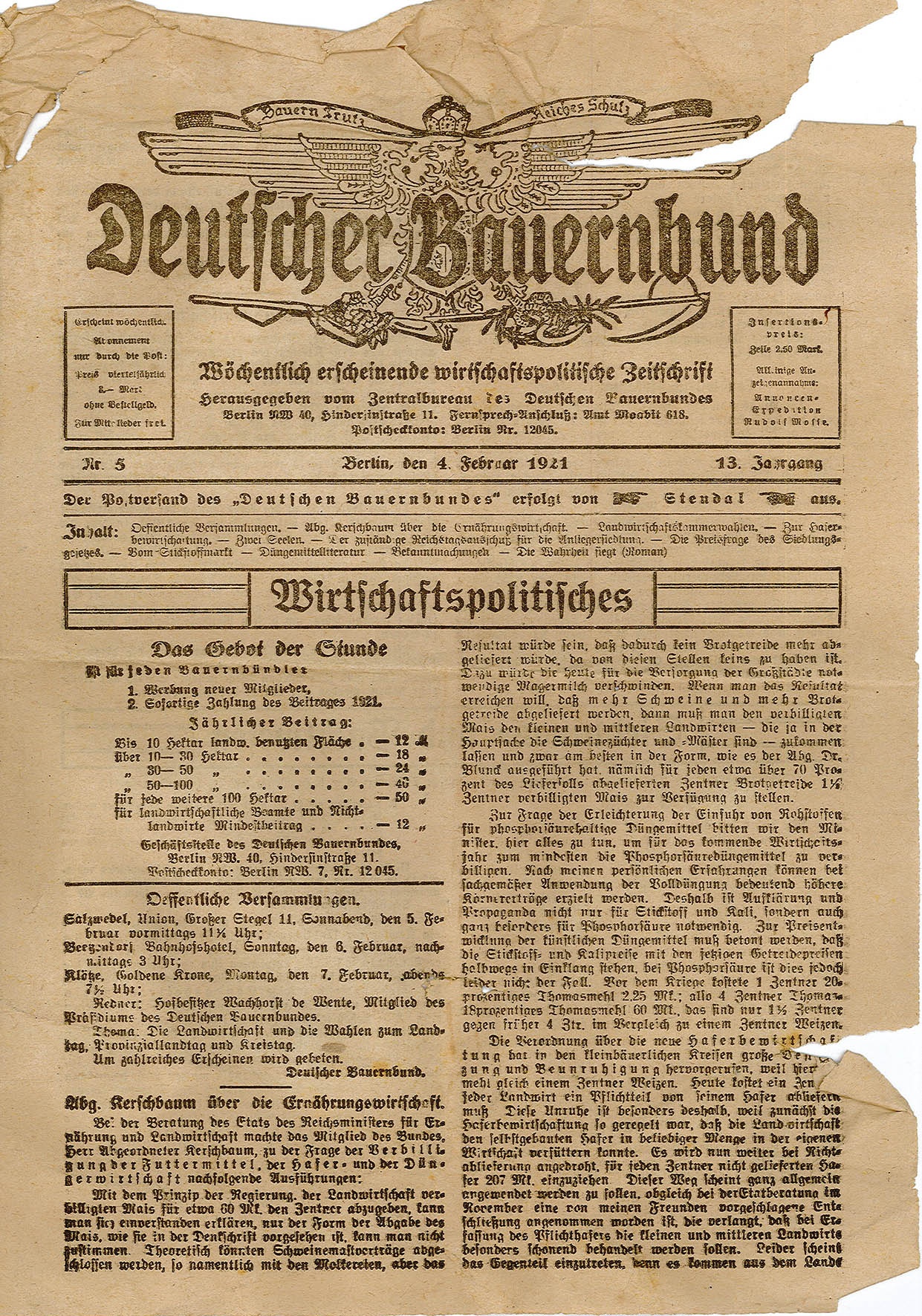 Deutscher Bauernbund vom 04.02.1921 (Nr. 5 / 13. Jg.) (Museum Wolmirstedt RR-F)