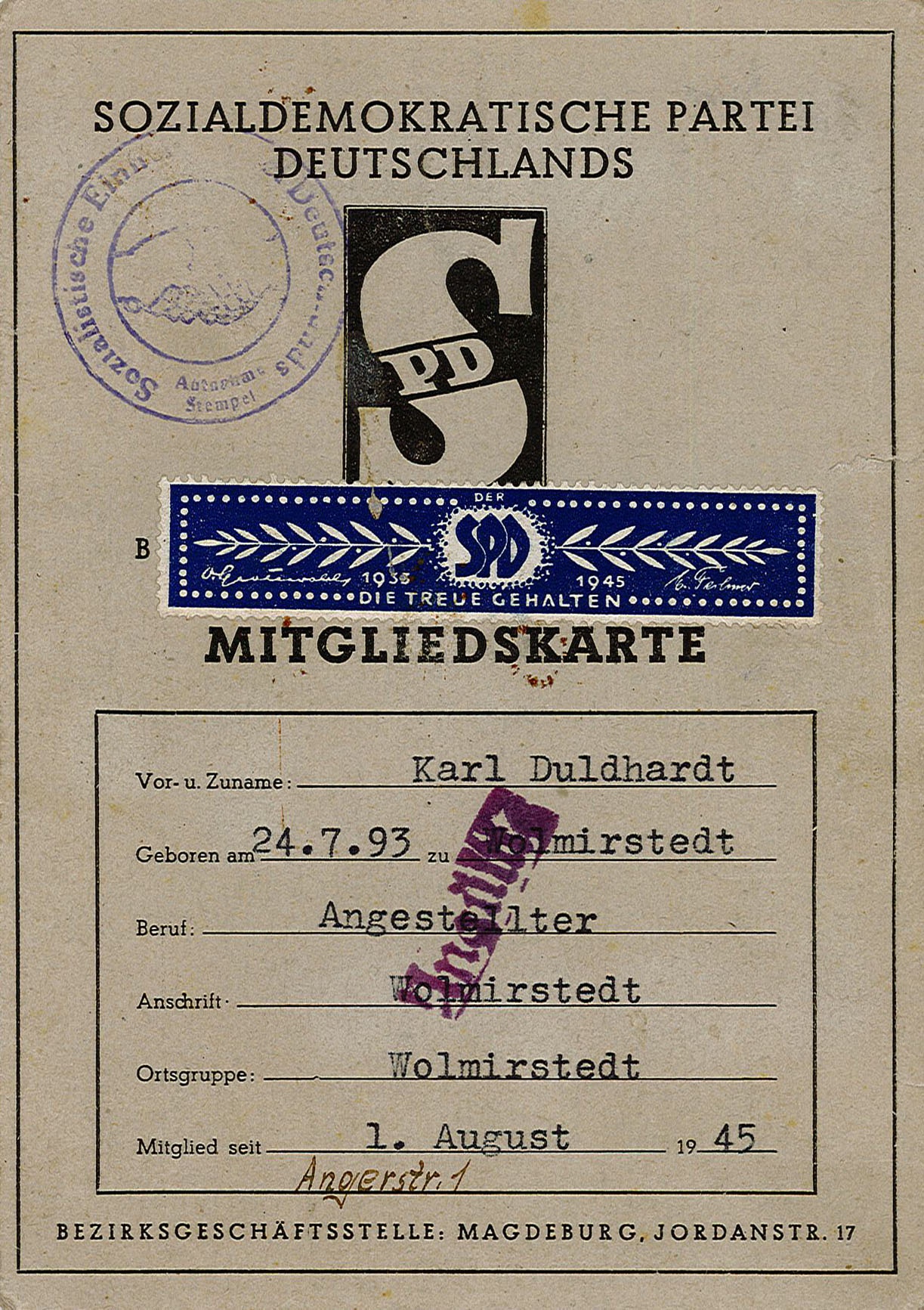 Mitgliedskarte von Karl Duldhardt für die Sozialdemokratische Partei Deutschlands (Museum Wolmirstedt RR-F)