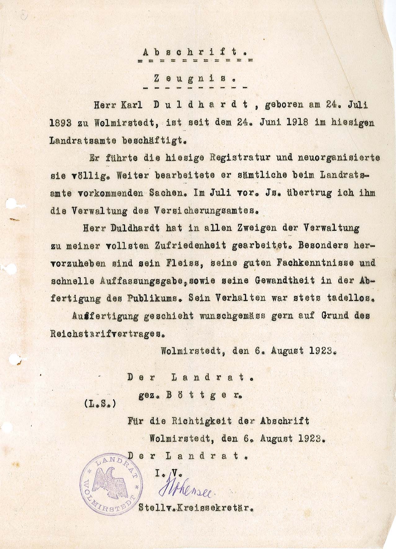 Abschrift Arbeitszeugnis Karl Duldhardt vom Landratsamt Wolmirstedt, 1923 (1) (Museum Wolmirstedt RR-F)