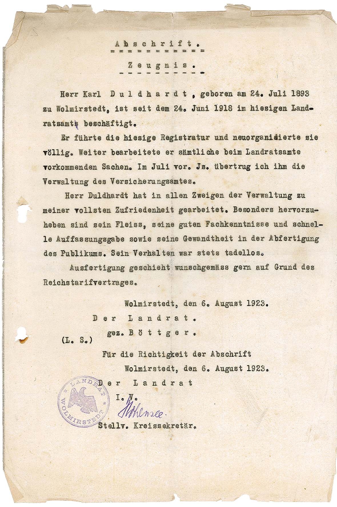 Abschrift Arbeitszeugnis Karl Duldhardt vom Landratsamt Wolmirstedt, 1923 (2) (Museum Wolmirstedt RR-F)