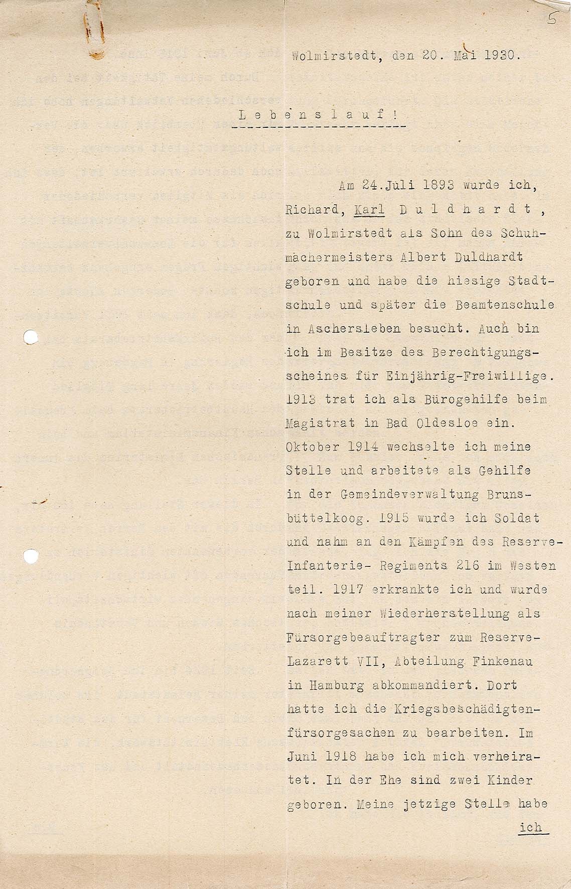 Lebenslauf von Karl Duldhardt, 20. Mai 1930 (Museum Wolmirstedt RR-F)