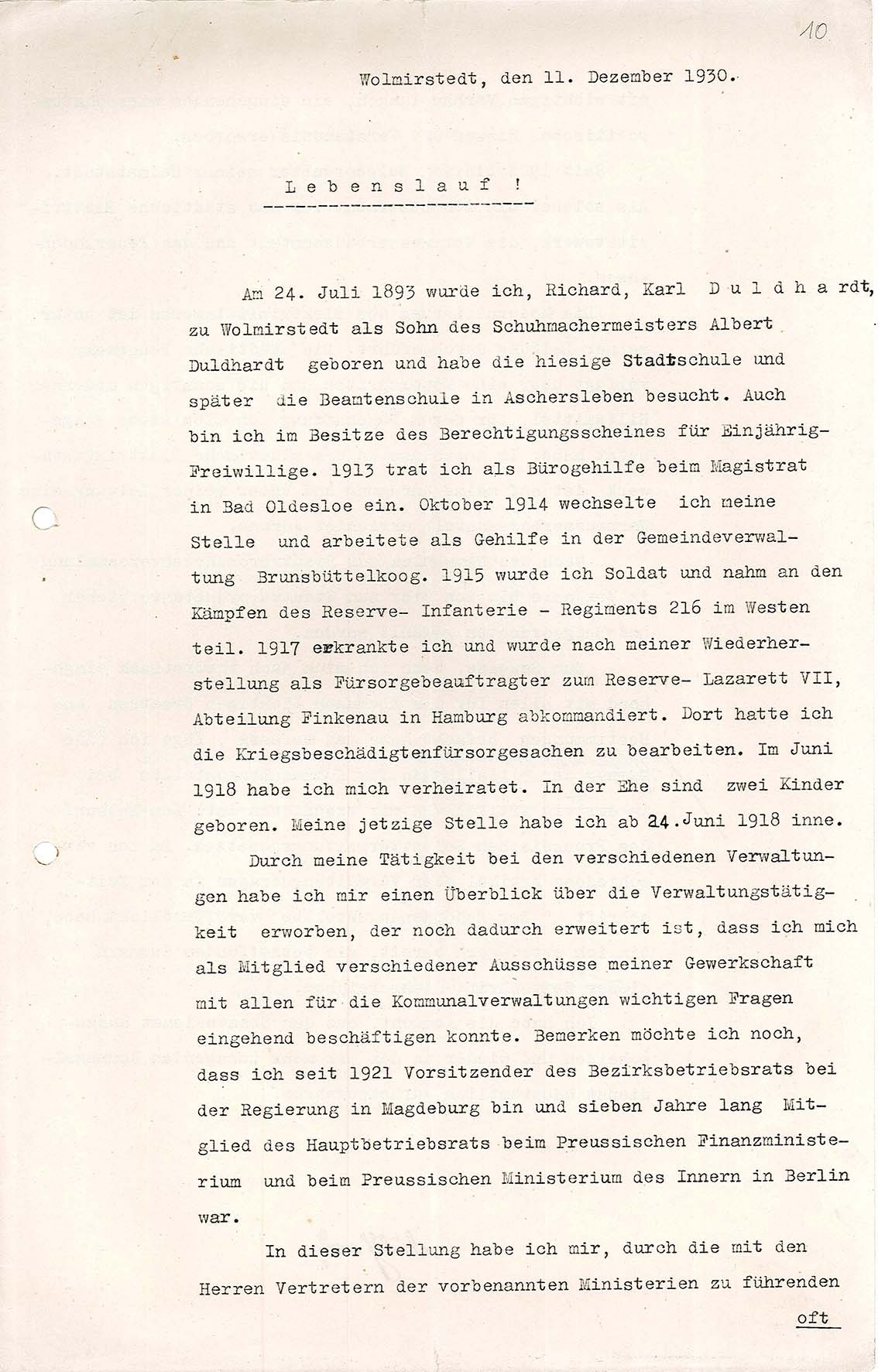 Lebenslauf von Karl Duldhardt, 11. Dezember 1930 (Museum Wolmirstedt RR-F)