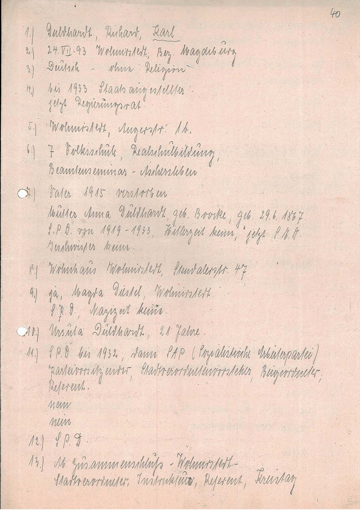 Antwortsammlung von Karl Duldhardt für Fragebogen (Museum Wolmirstedt RR-F)