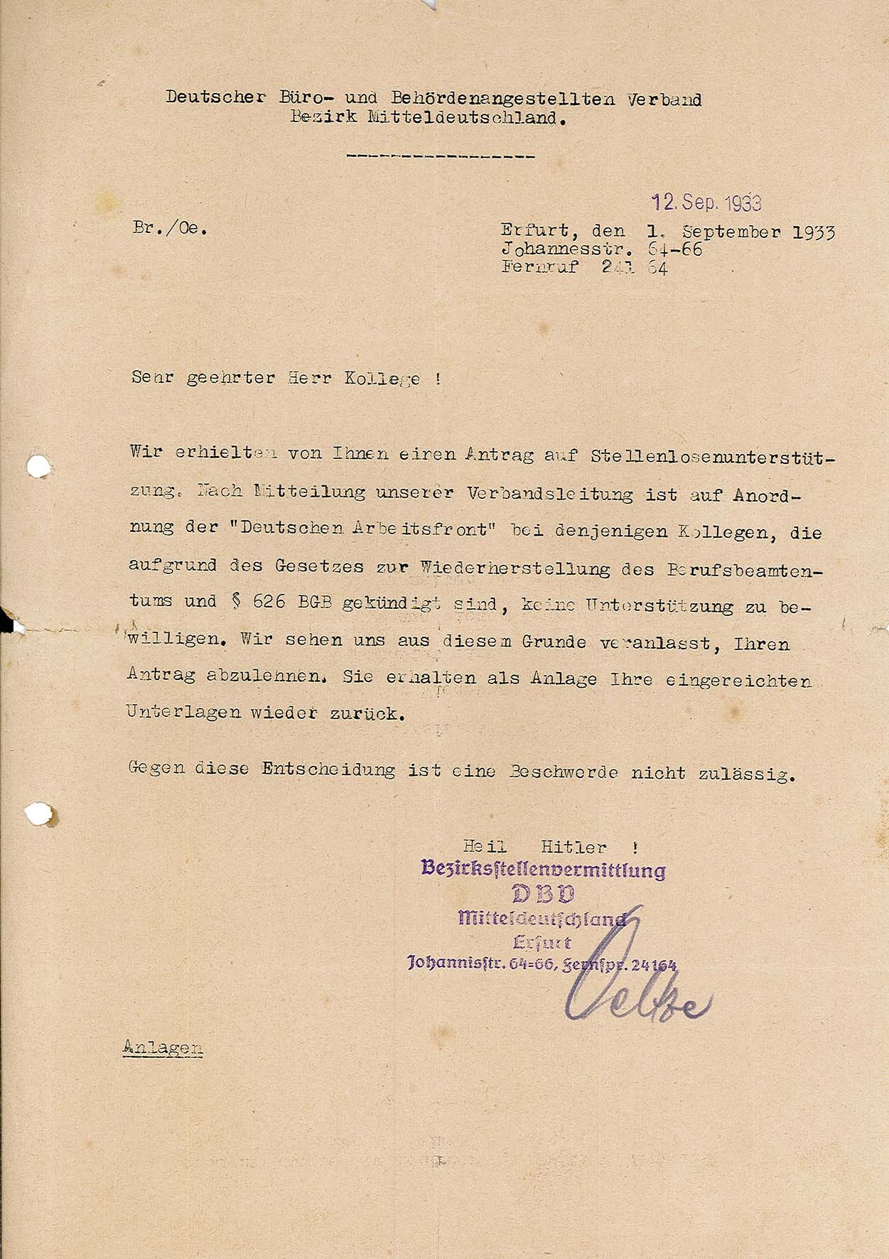 Ablehnender Bescheid zur Stellenlosenunterstützung des Deutschen Büro- und Behördenangestellten Verband an Karl Duldhardt (Museum Wolmirstedt RR-F)