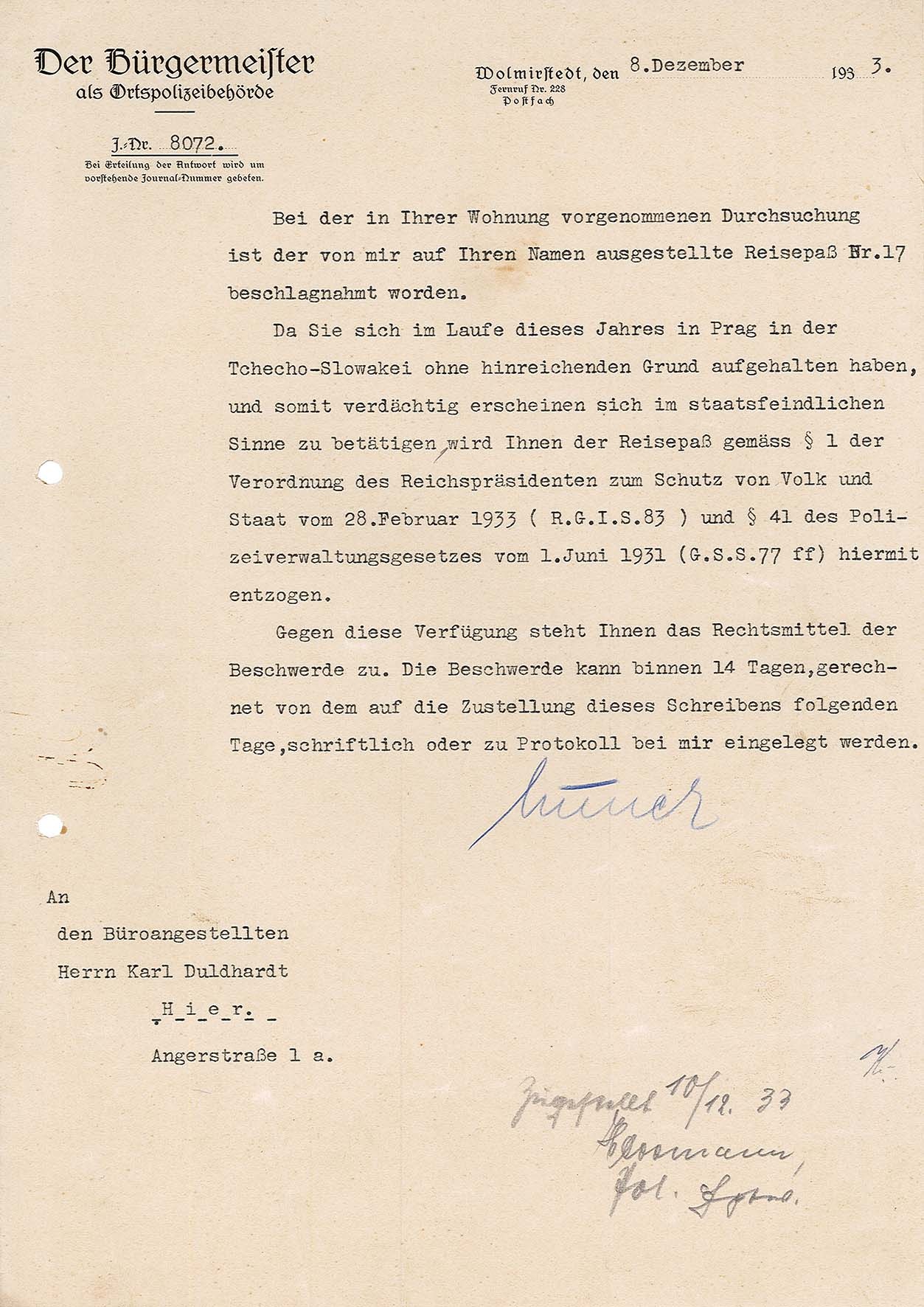 Bescheid zum Entzug des Reisepasses von Karl Duldhardt, 8. Dezember 1933 (Museum Wolmirstedt RR-F)