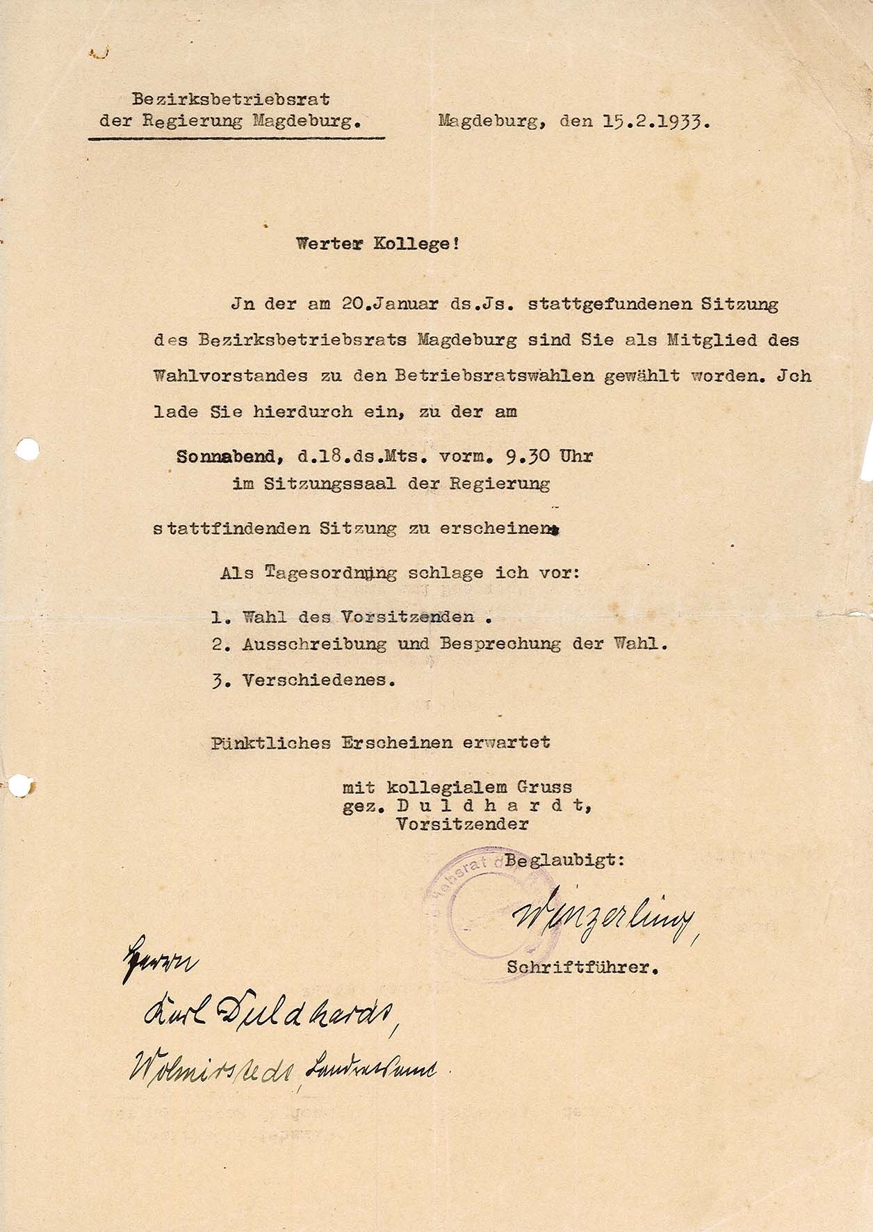 Einladung Betriebsrat Regierung Magdeburg, 15. Februar 1933 (Museum Wolmirstedt RR-F)