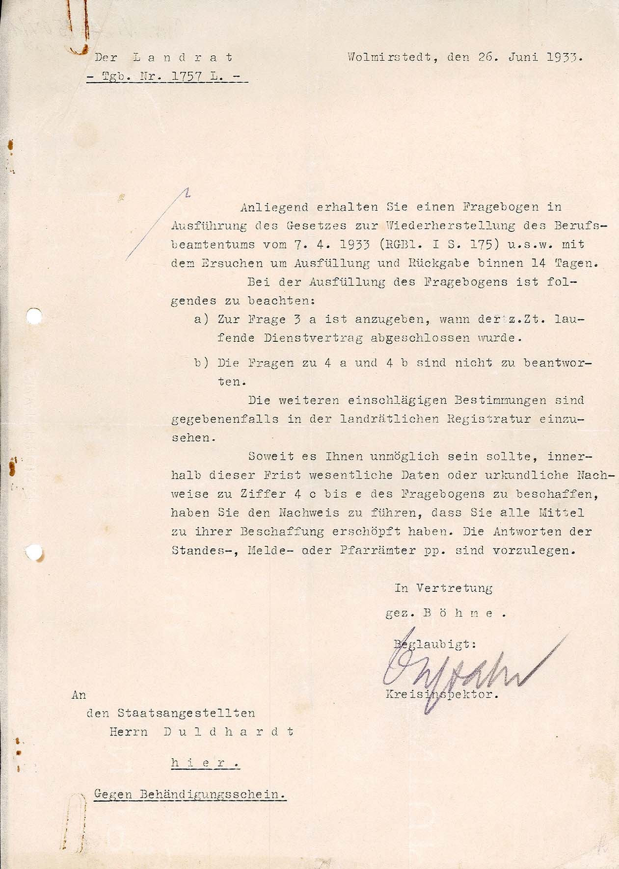 Anschreiben zum Fragebogen zur Durchführung des Gesetzes zur Wiederherstellung des Berufsbeamtentums vom 7. April 1933, 26. Juni 1933 (Museum Wolmirstedt RR-F)