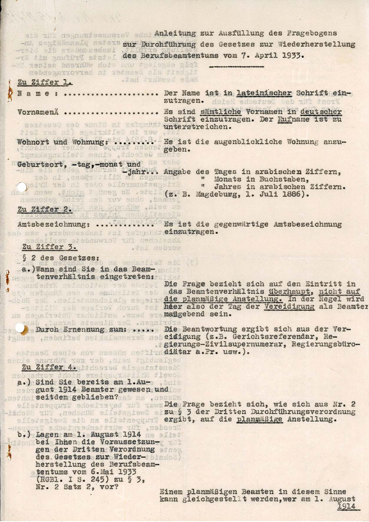 Anleitung zur Ausfüllung Fragebogen Wiederherstellung des Berufsbeamtentums, 1933 (Museum Wolmirstedt RR-F)
