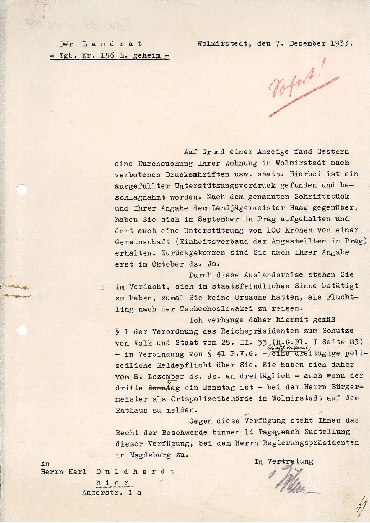 Informationsschreiben zur dreittäglichen Meldepflicht Karl Duldhardts bei der Polizei Wolmirstedt, 7. Dezember 1933 (Museum Wolmirstedt RR-F)