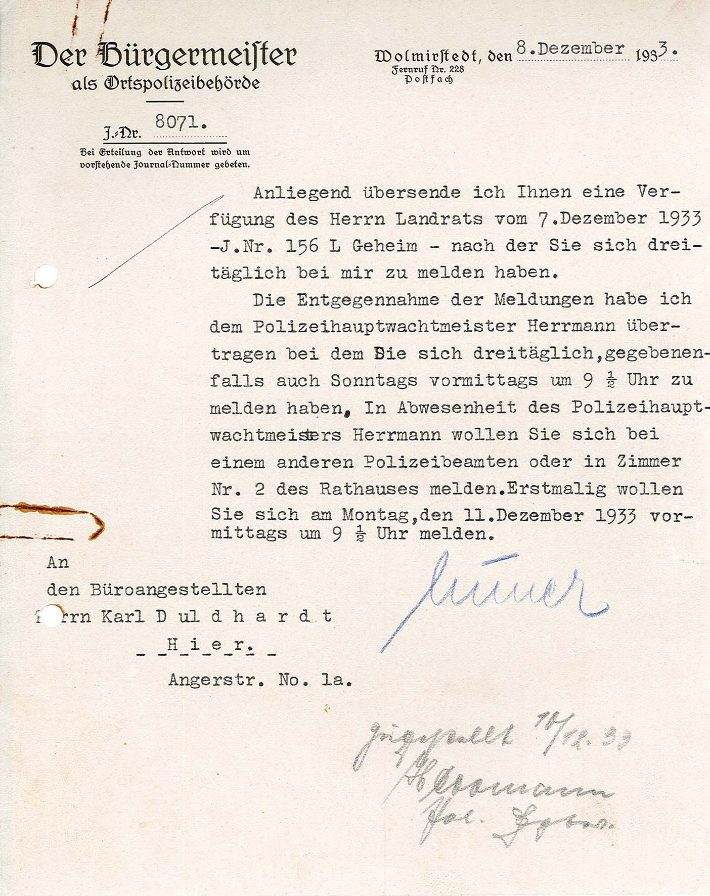 Information dreimalige Meldepflicht pro Tag für Karl Duldhardt, 8. Dezember 1933 (Museum Wolmirstedt RR-F)